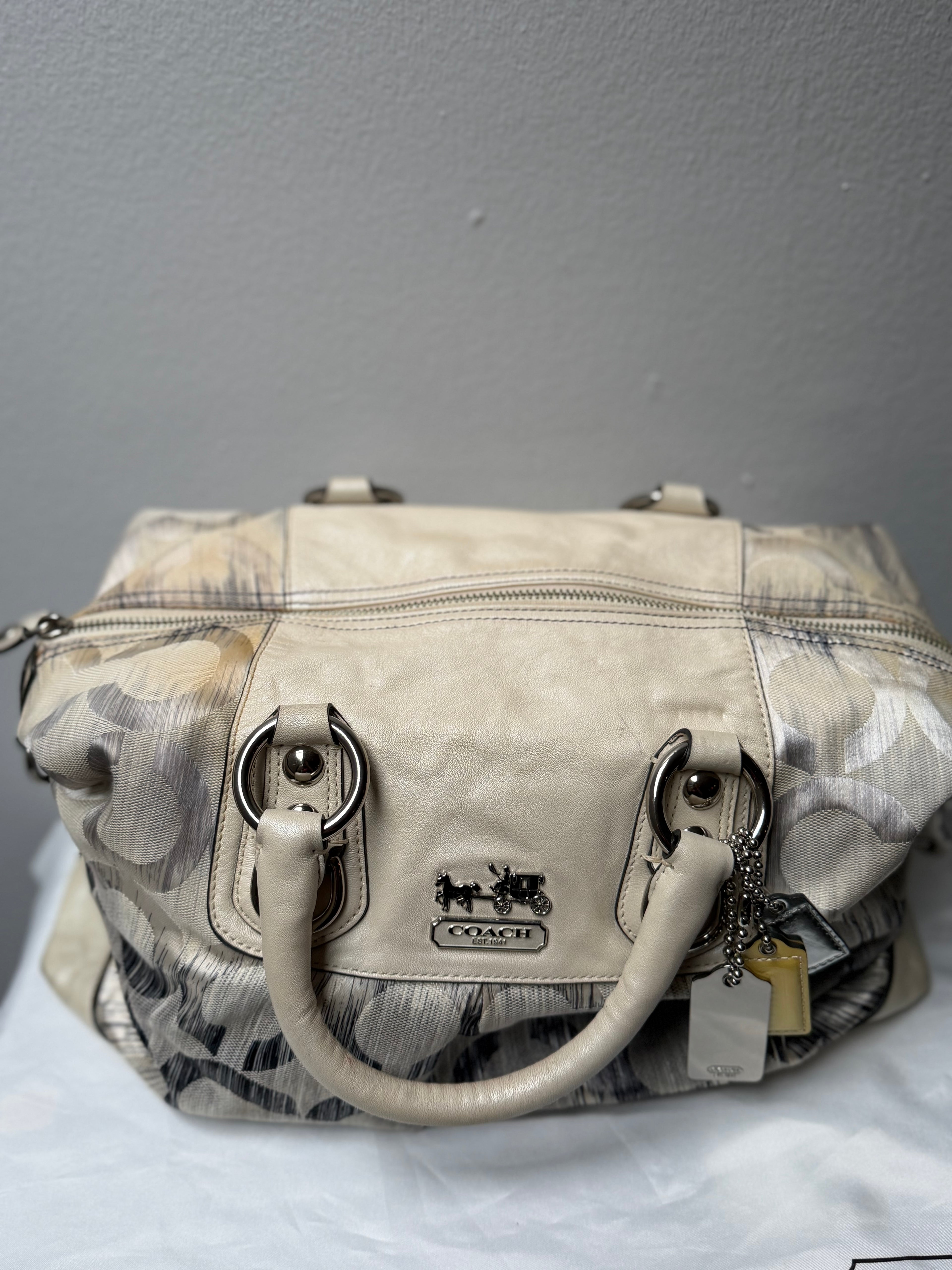 Coach Pearl Silver Blue Multi Op Art Sabrina Madison Satchel Convertible Handbag 13585 + Wristlet