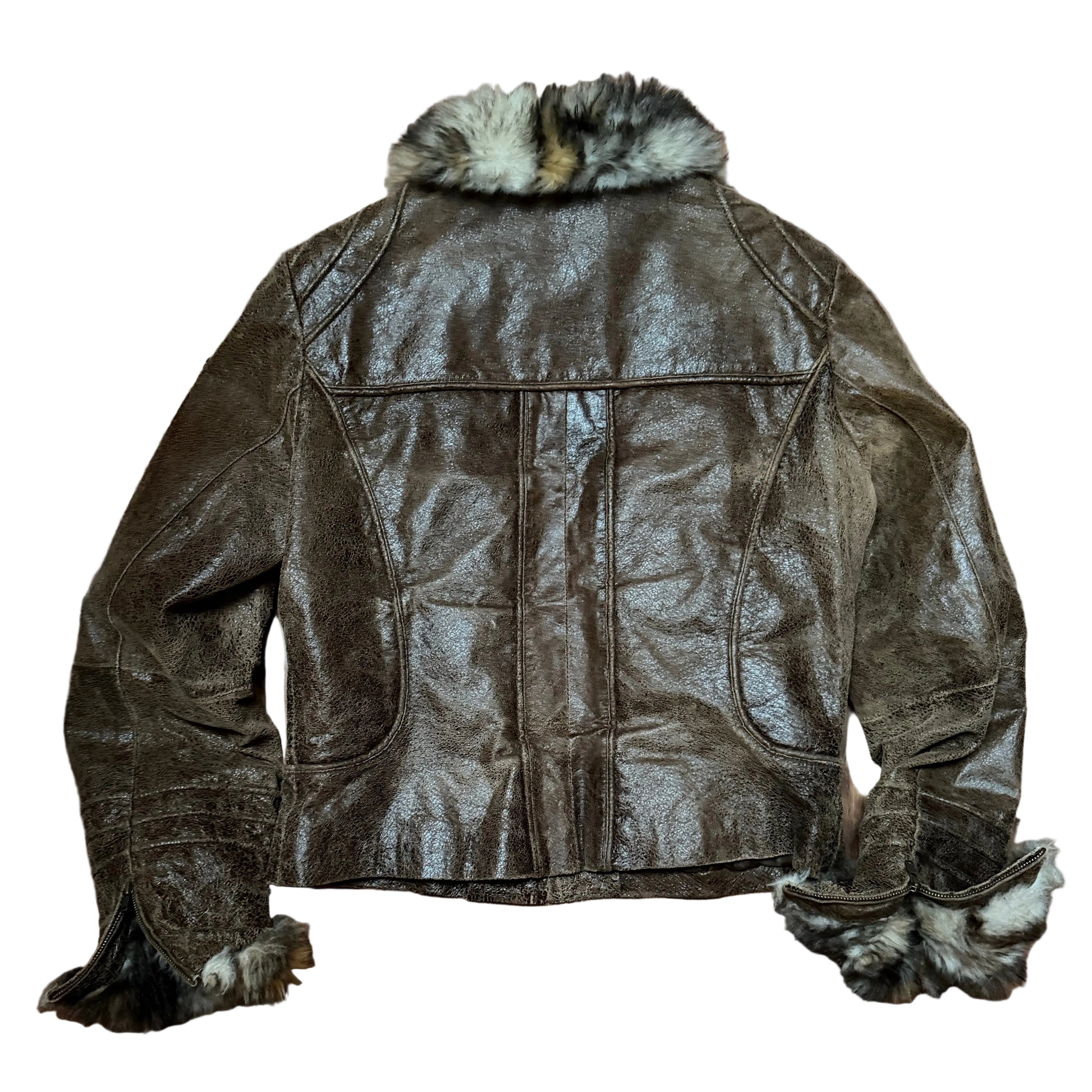 SZ LG Danier Distressed Crackled Leather Jacket Penny Lane Faux Fur Collar and Trim