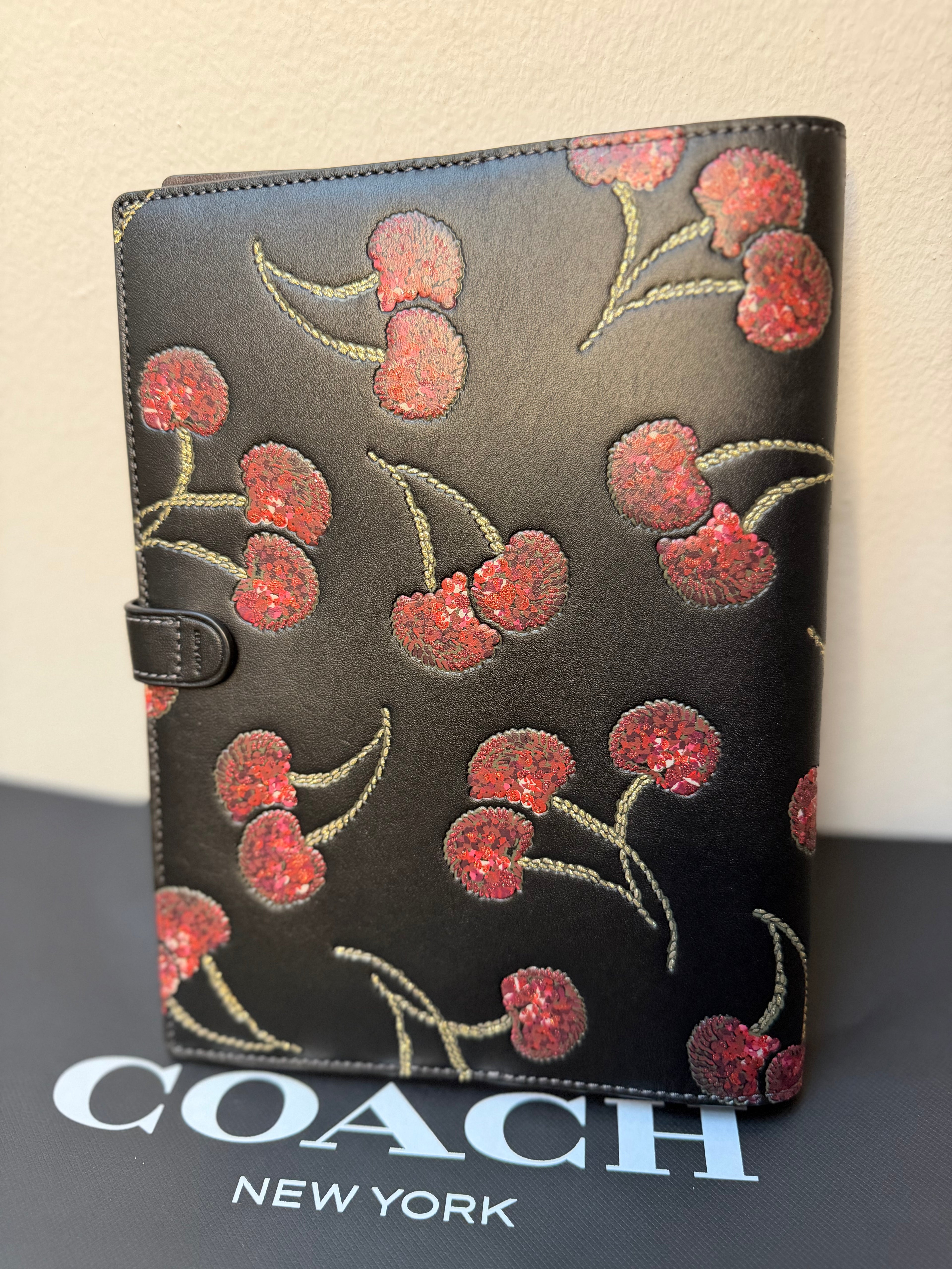 Coach Notebook With Black Cherry In Leather/Black Print