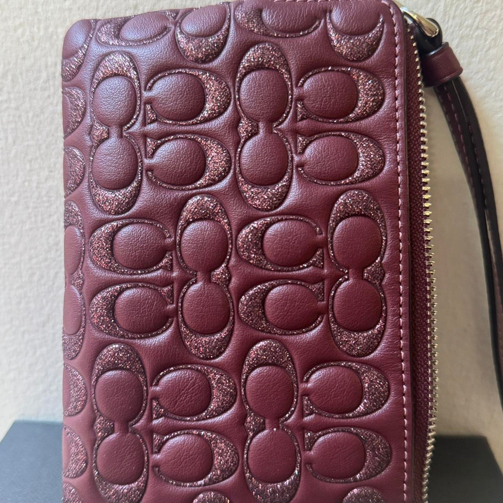 New Coach Wristlet Wallet Red signature embossed Sparkle wallet in box