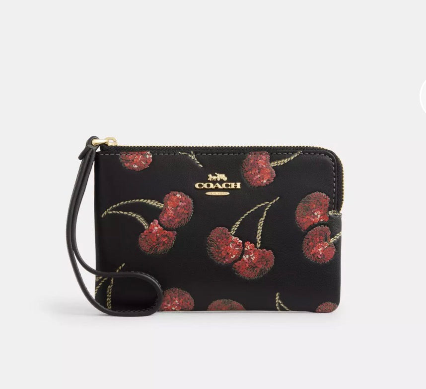 Corner Zip Wristlet With Cherry Print