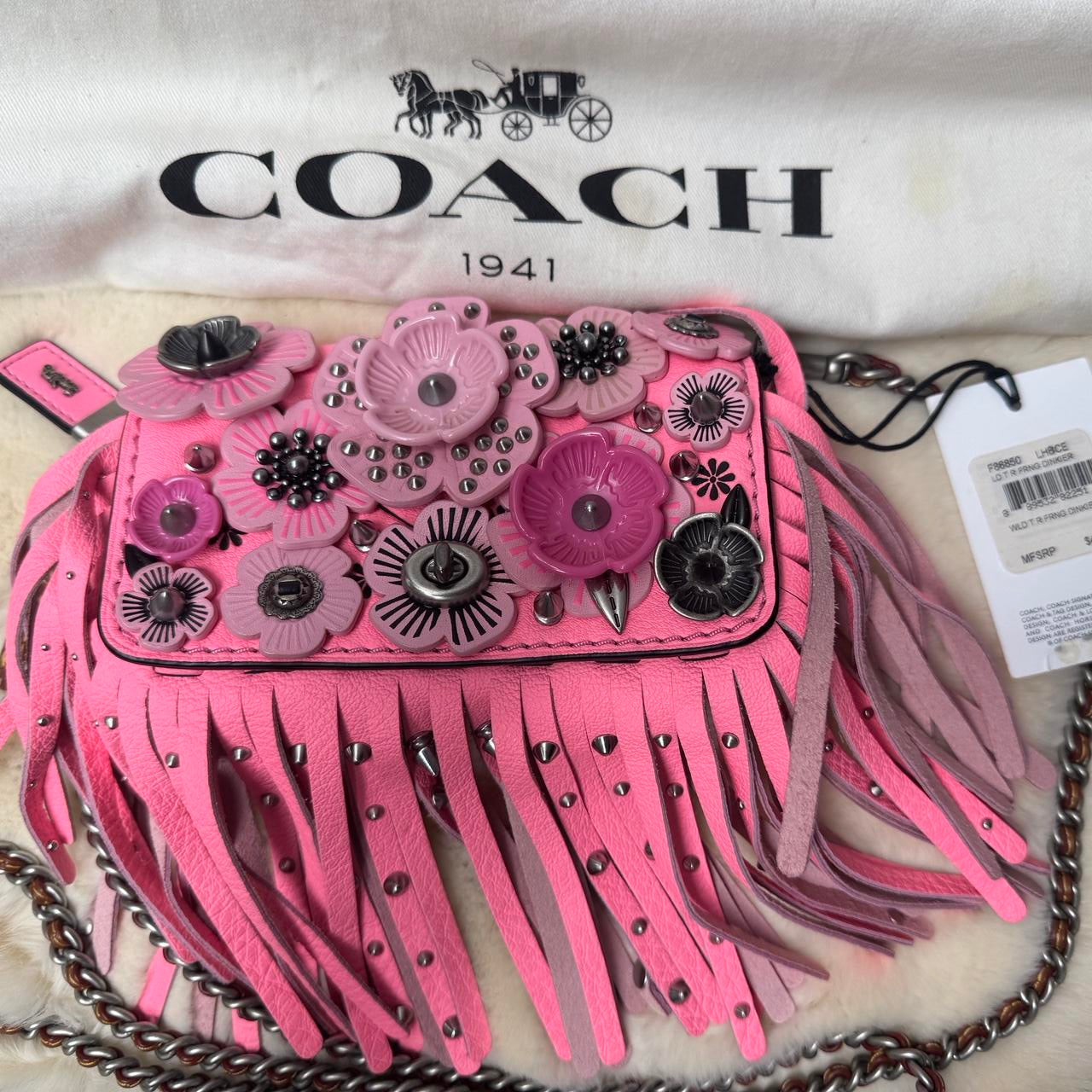 NWT COACH Flower Shoulder Chain Wallet 175 Dinkier Pebble Leather Collectable Tea Rose Pink
