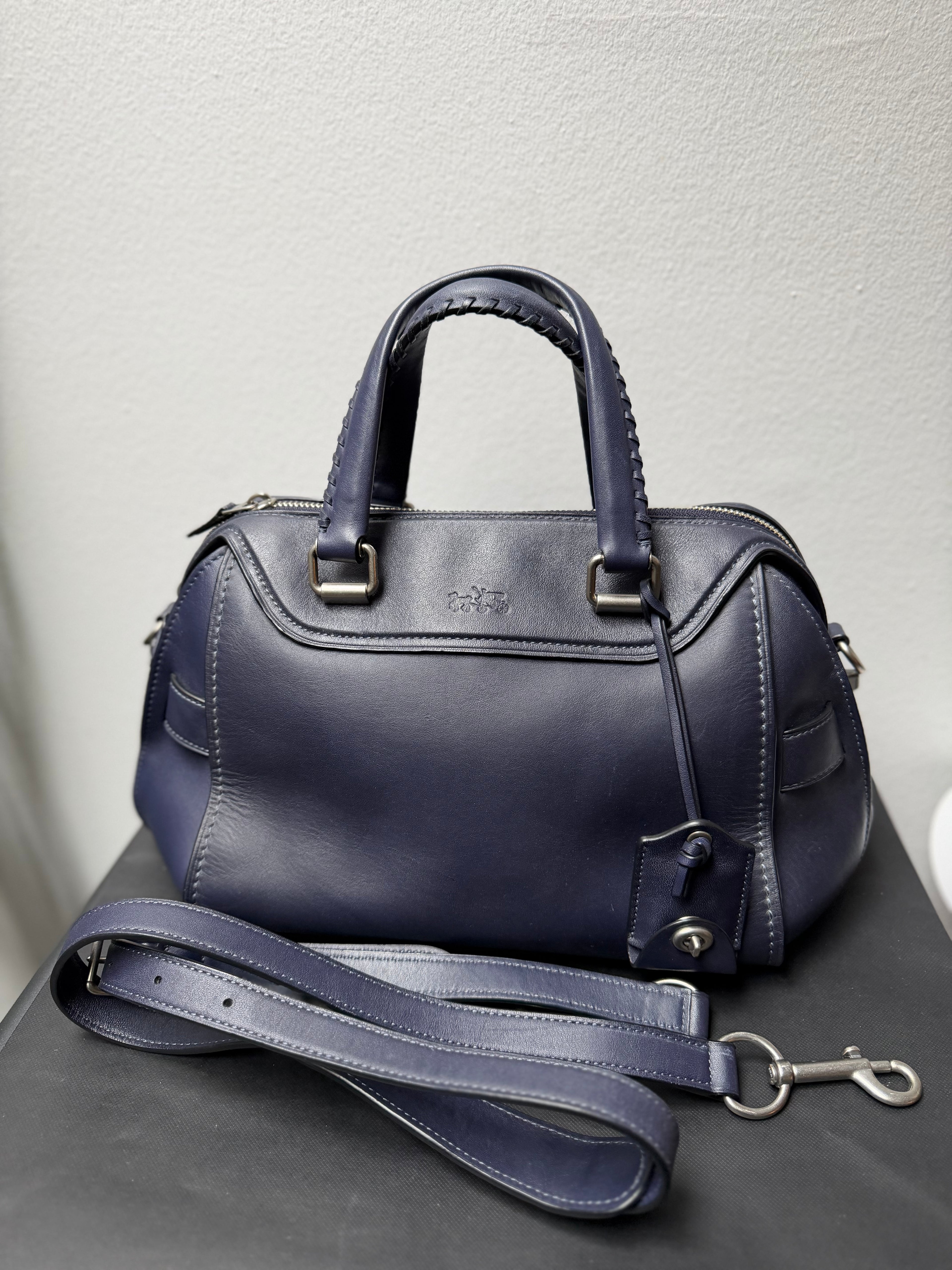 COACH Ace Navy Blue Leather Handbag Mini Boston Bag with Charm Whipstitch