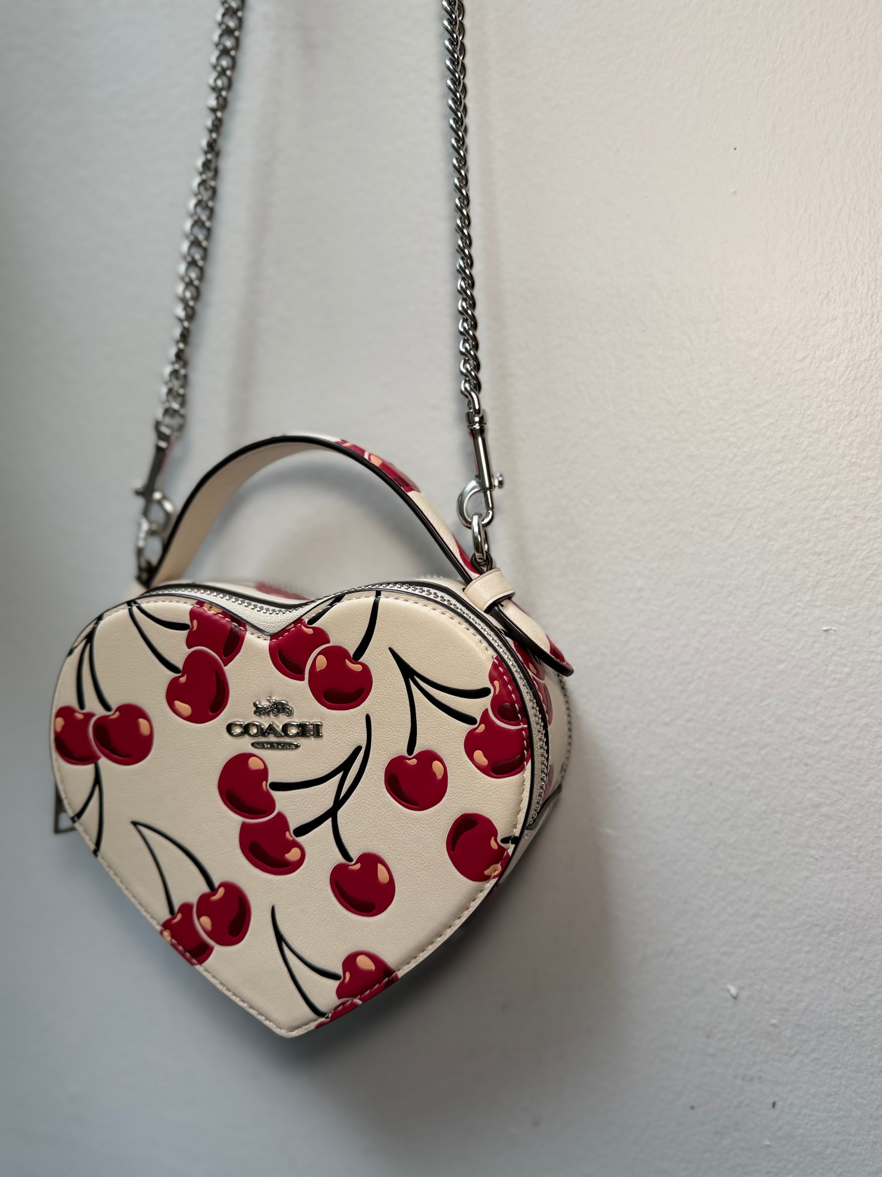 Coach Heart Crossbody Bag Chalk W Cherry Print Smooth Leather