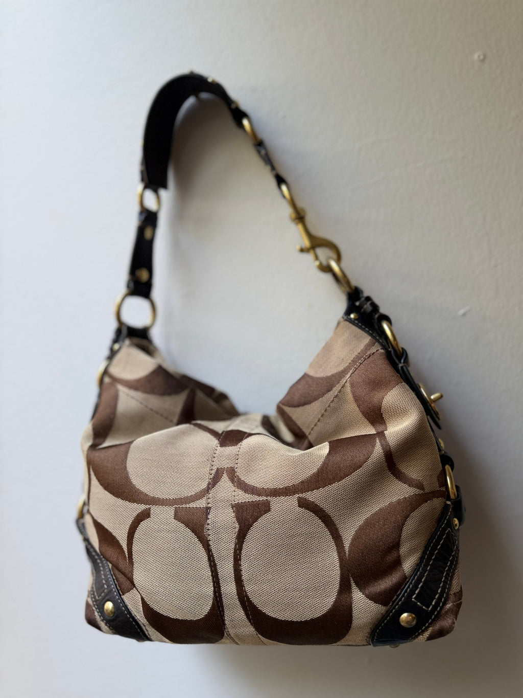 Coach Carly Brown Leather Trim Tan Canvas C #10619