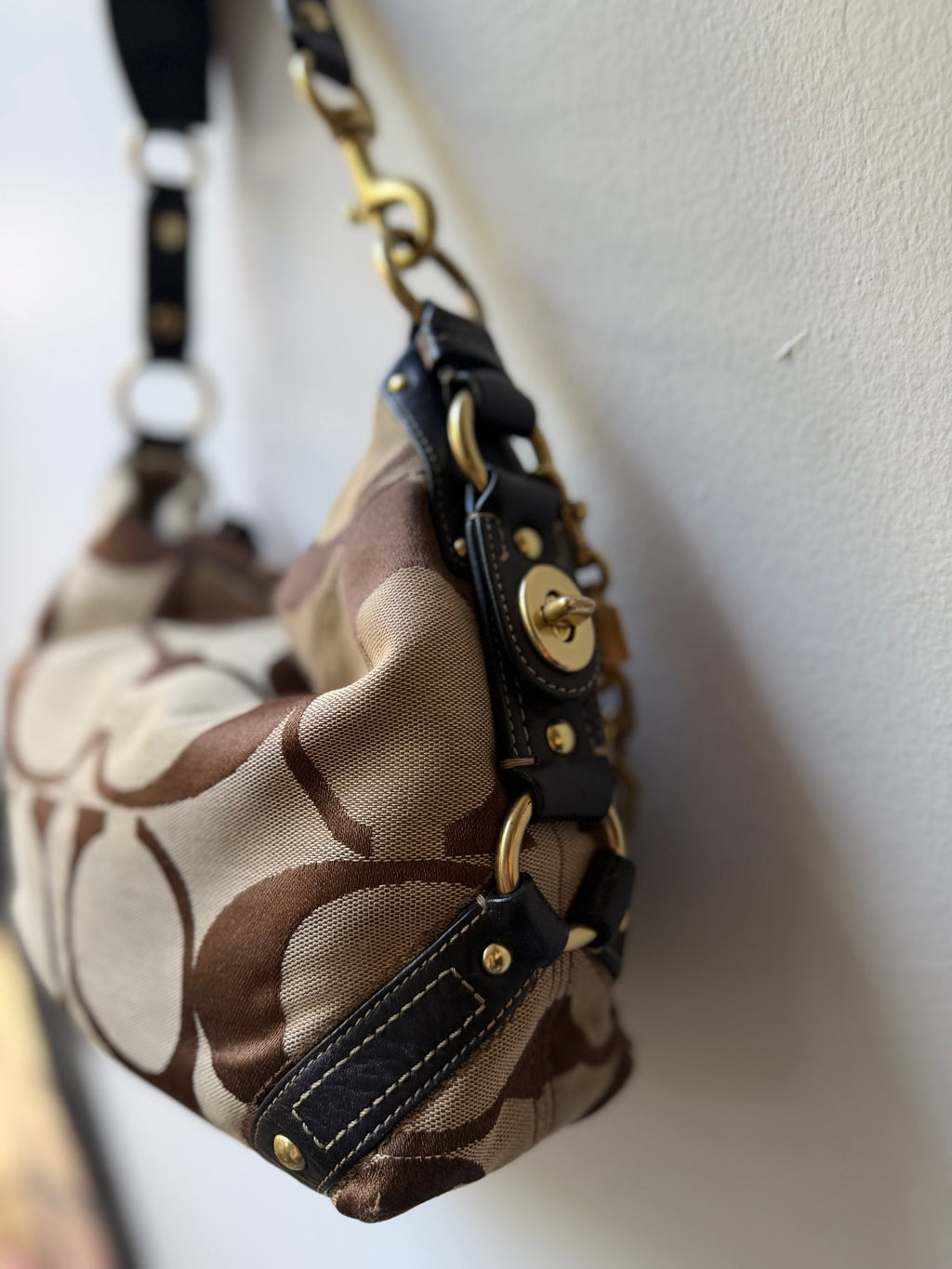Coach Carly Brown Leather Trim Tan Canvas C #10619