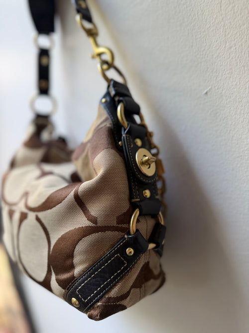 Coach Carly Brown Leather Trim Tan Canvas C #10619
