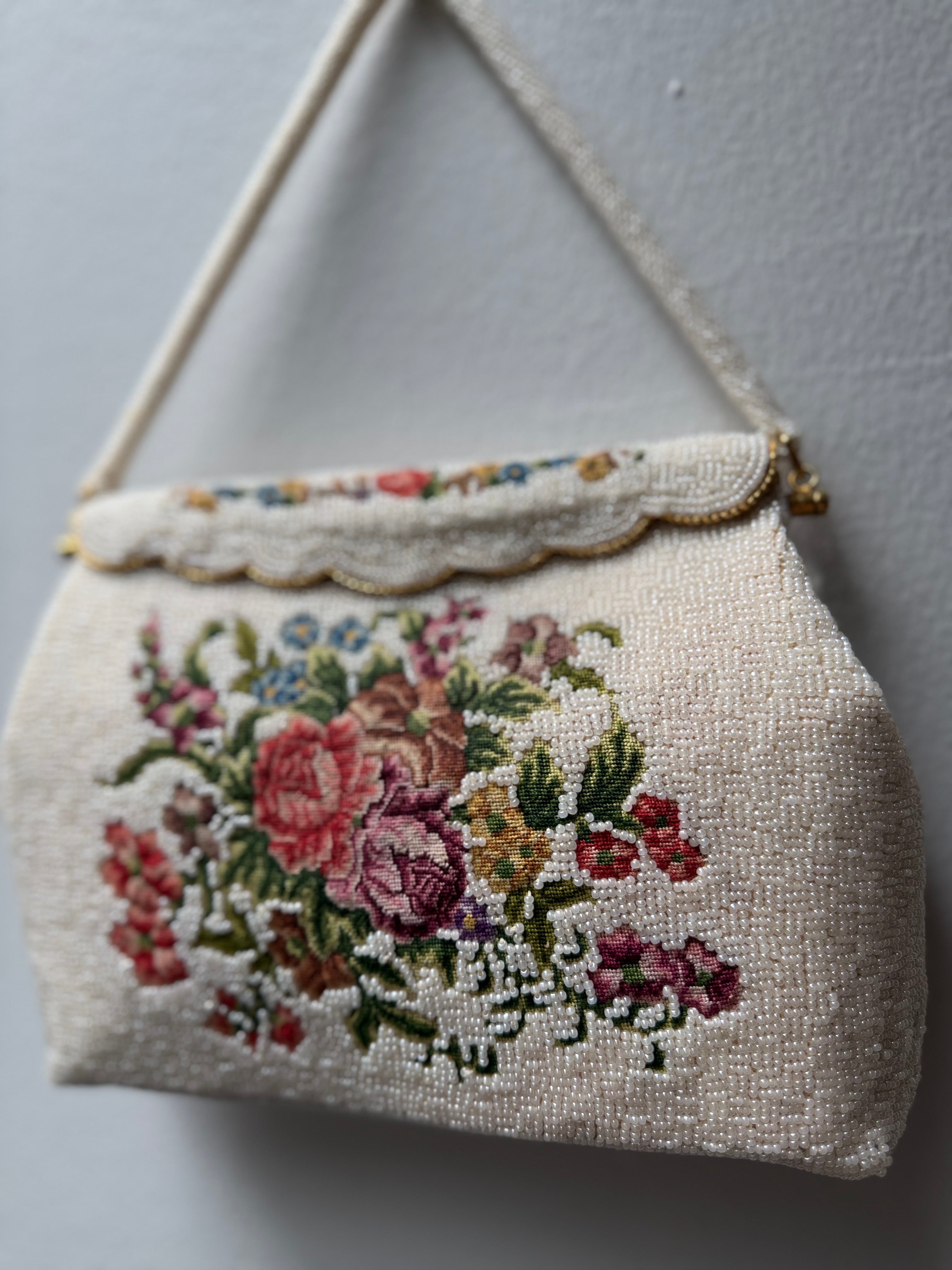 1950’s French Needlepoint Floral Hand Beaded Handbag