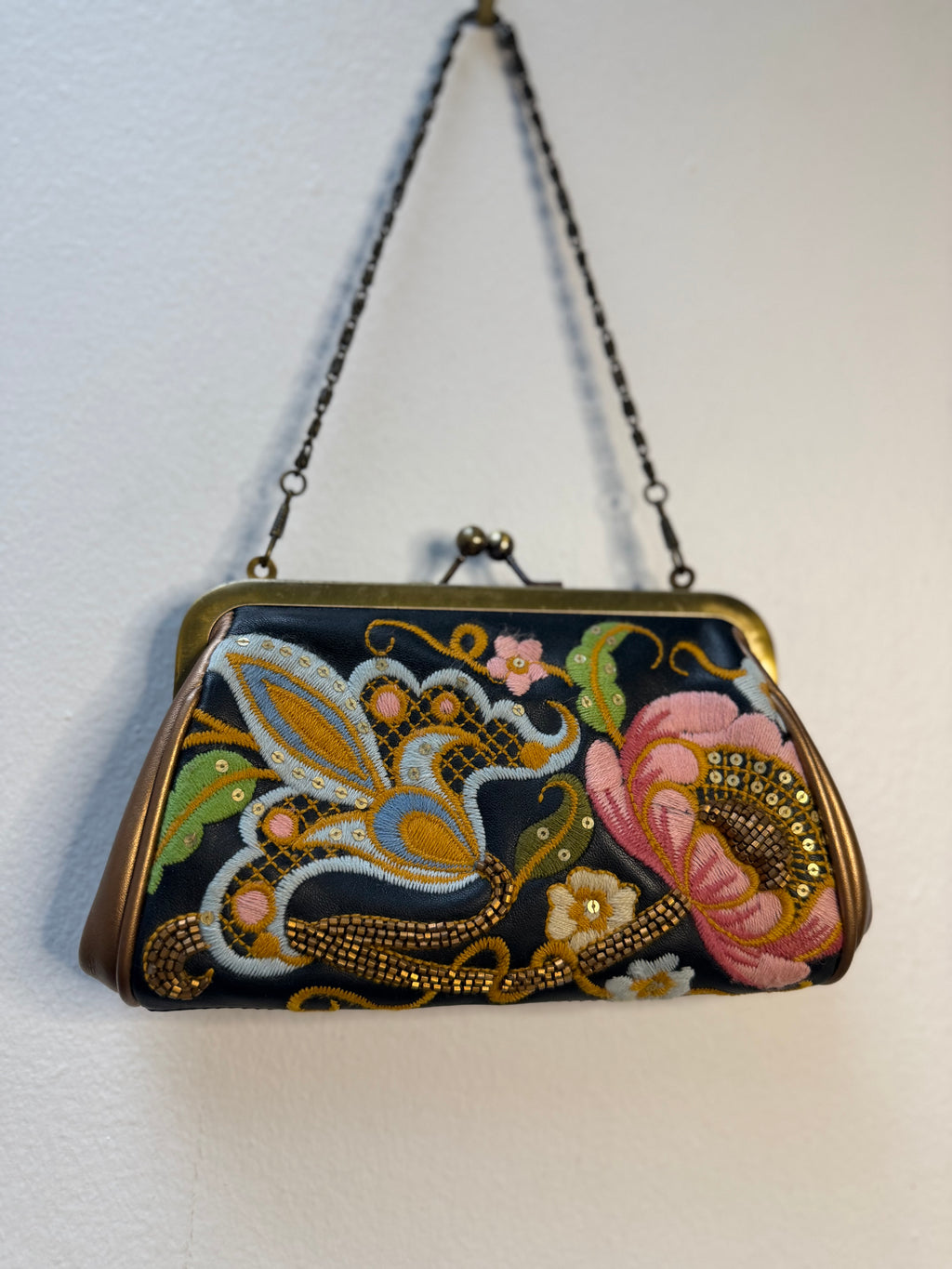 Isabella Fiore Embroidered Floral  Leather Mini Kisslock