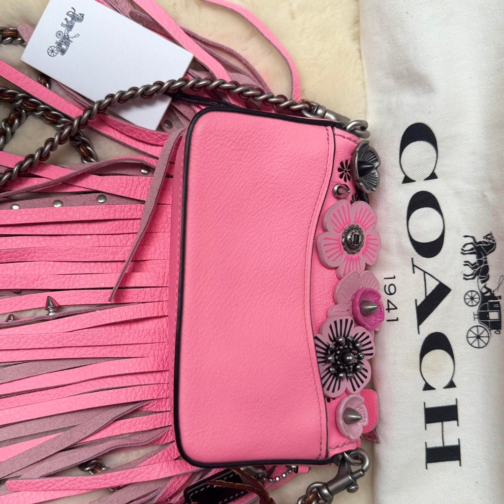 NWT COACH Flower Shoulder Chain Wallet 175 Dinkier Pebble Leather Collectable Tea Rose Pink