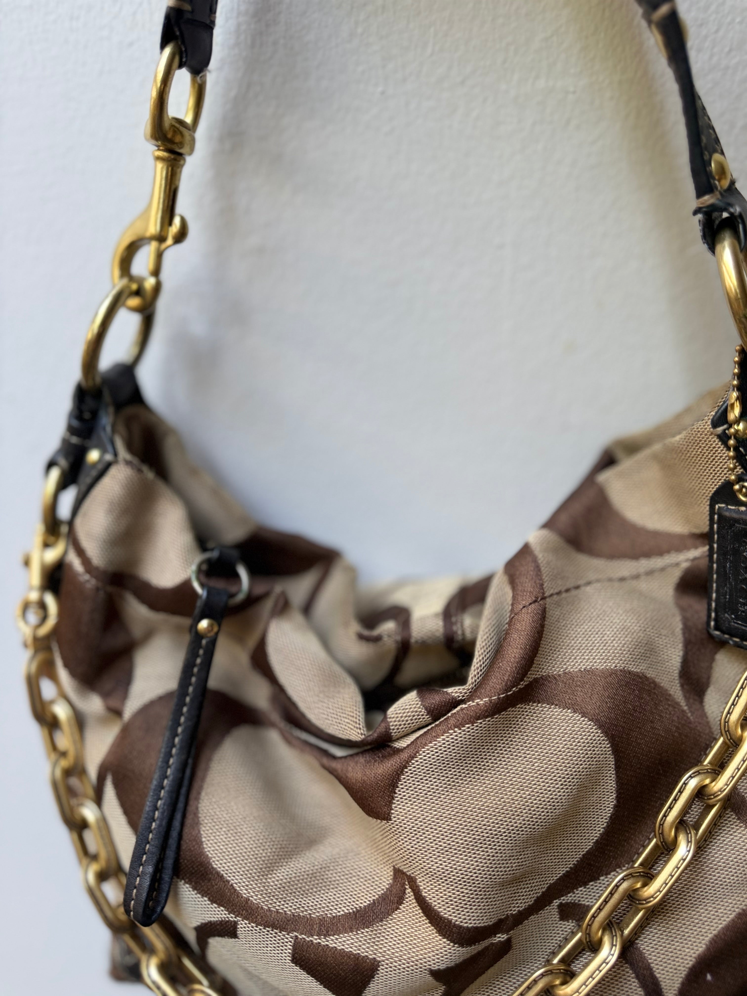 Coach Carly Brown Leather Trim Tan Canvas C #10619