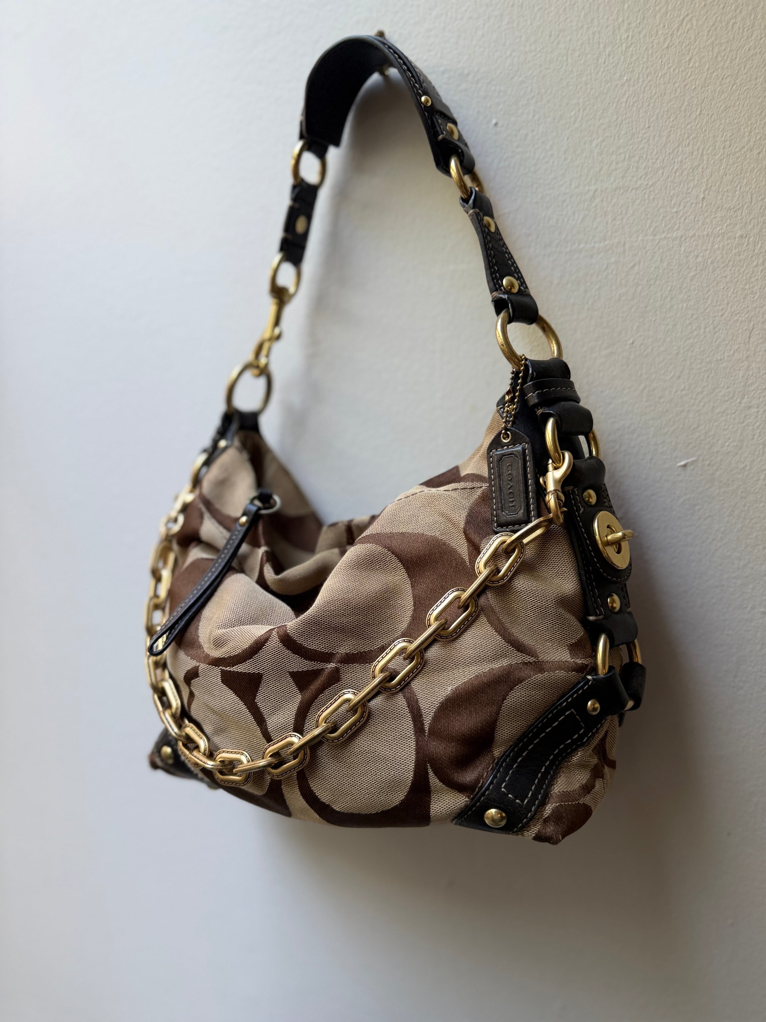 Coach Carly Brown Leather Trim Tan Canvas C #10619