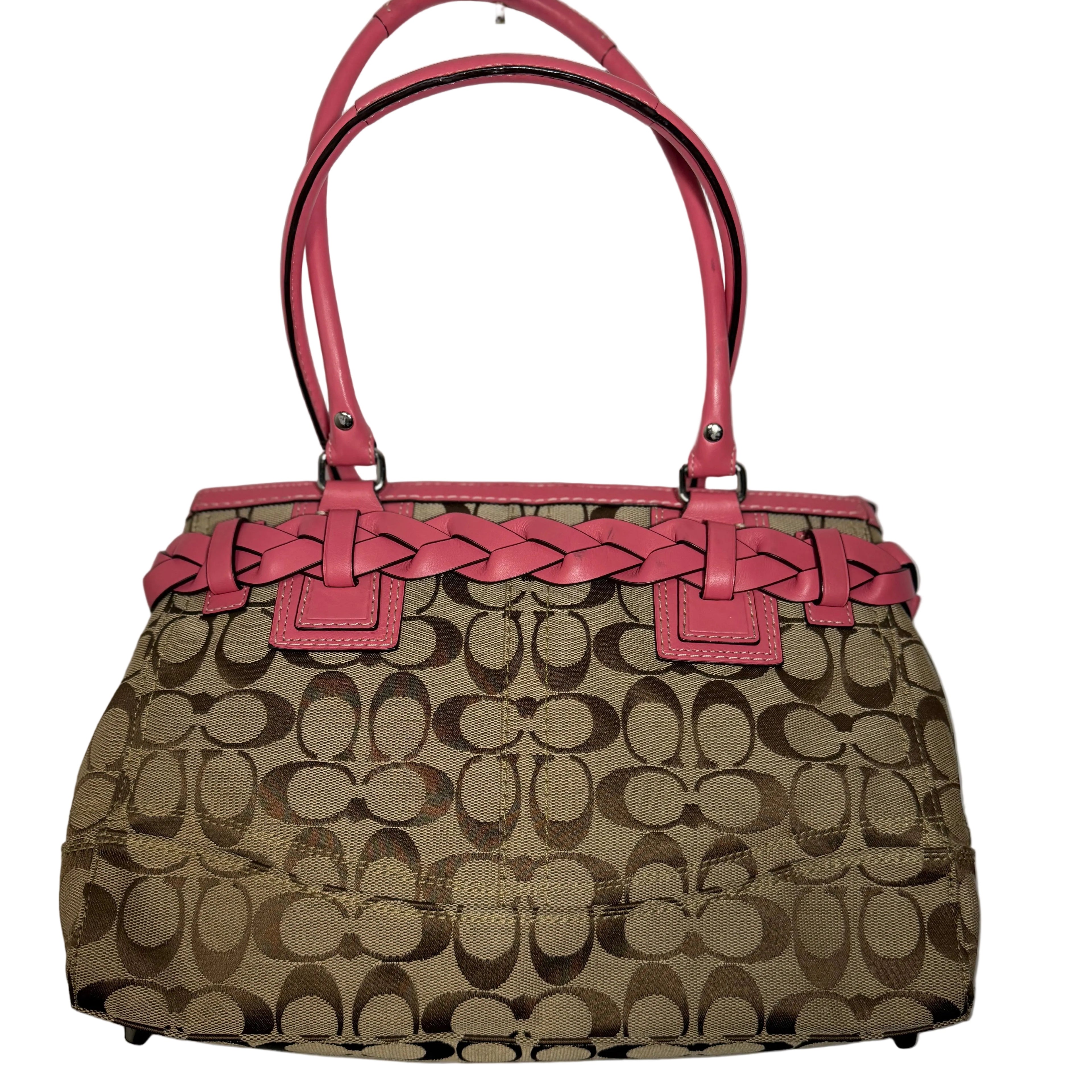 COACH Hampton C Logo Beige Canvas Braided Pink Leather Carryall Tote F13065