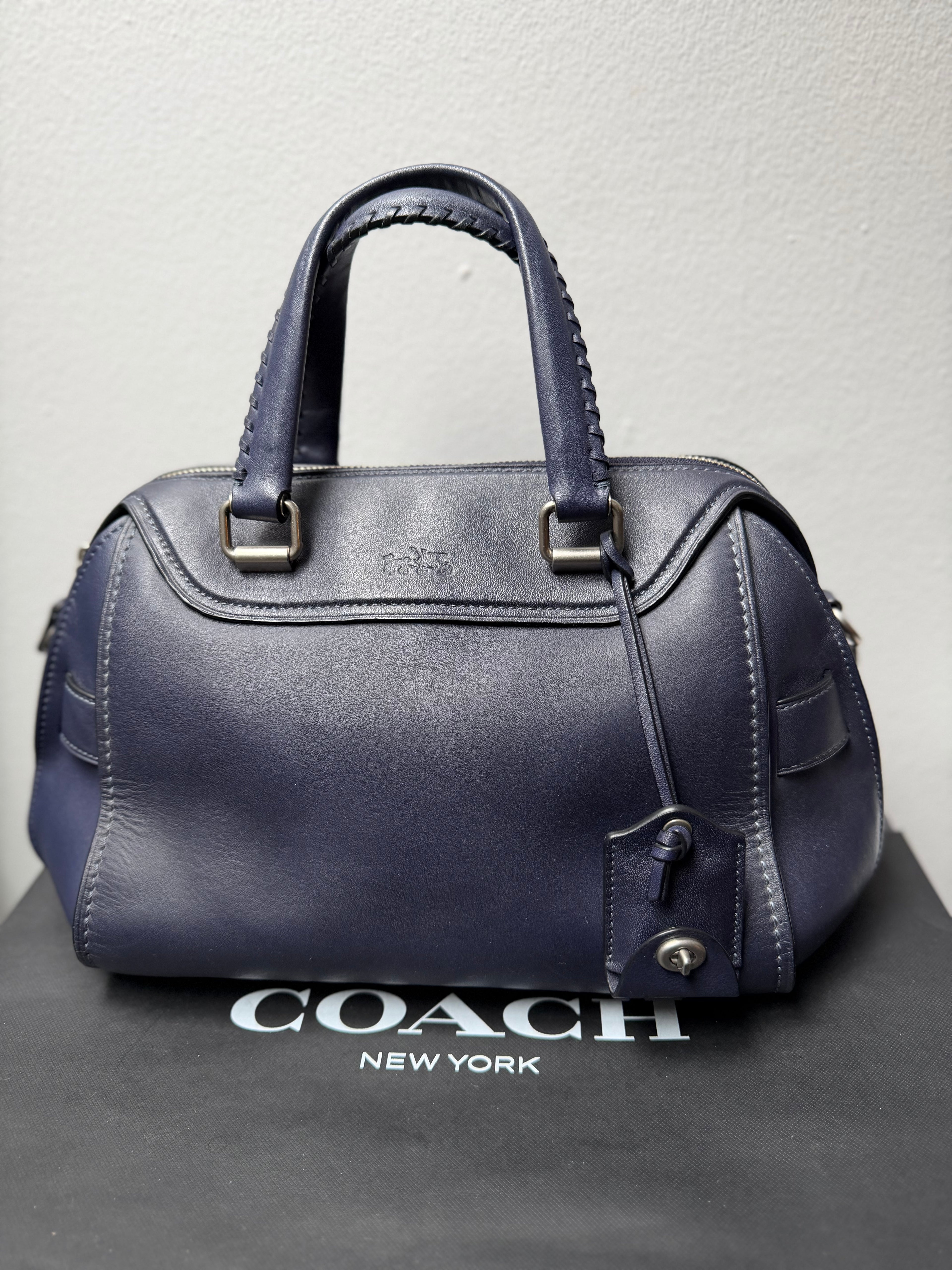 COACH Ace Navy Blue Leather Handbag Mini Boston Bag with Charm Whipstitch