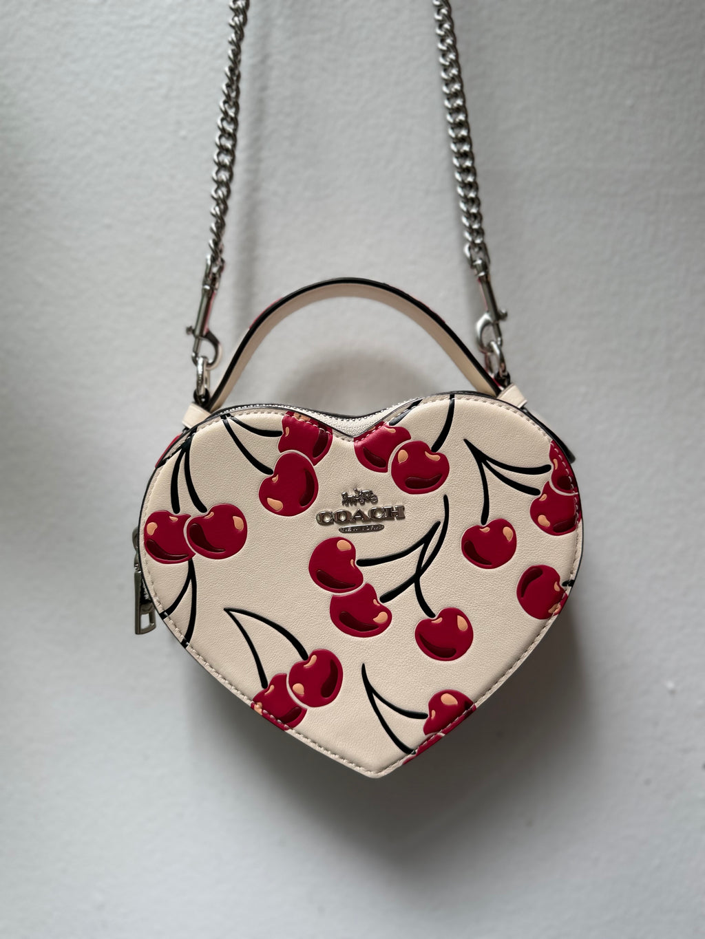 Coach Heart Crossbody Bag Chalk W Cherry Print Smooth Leather