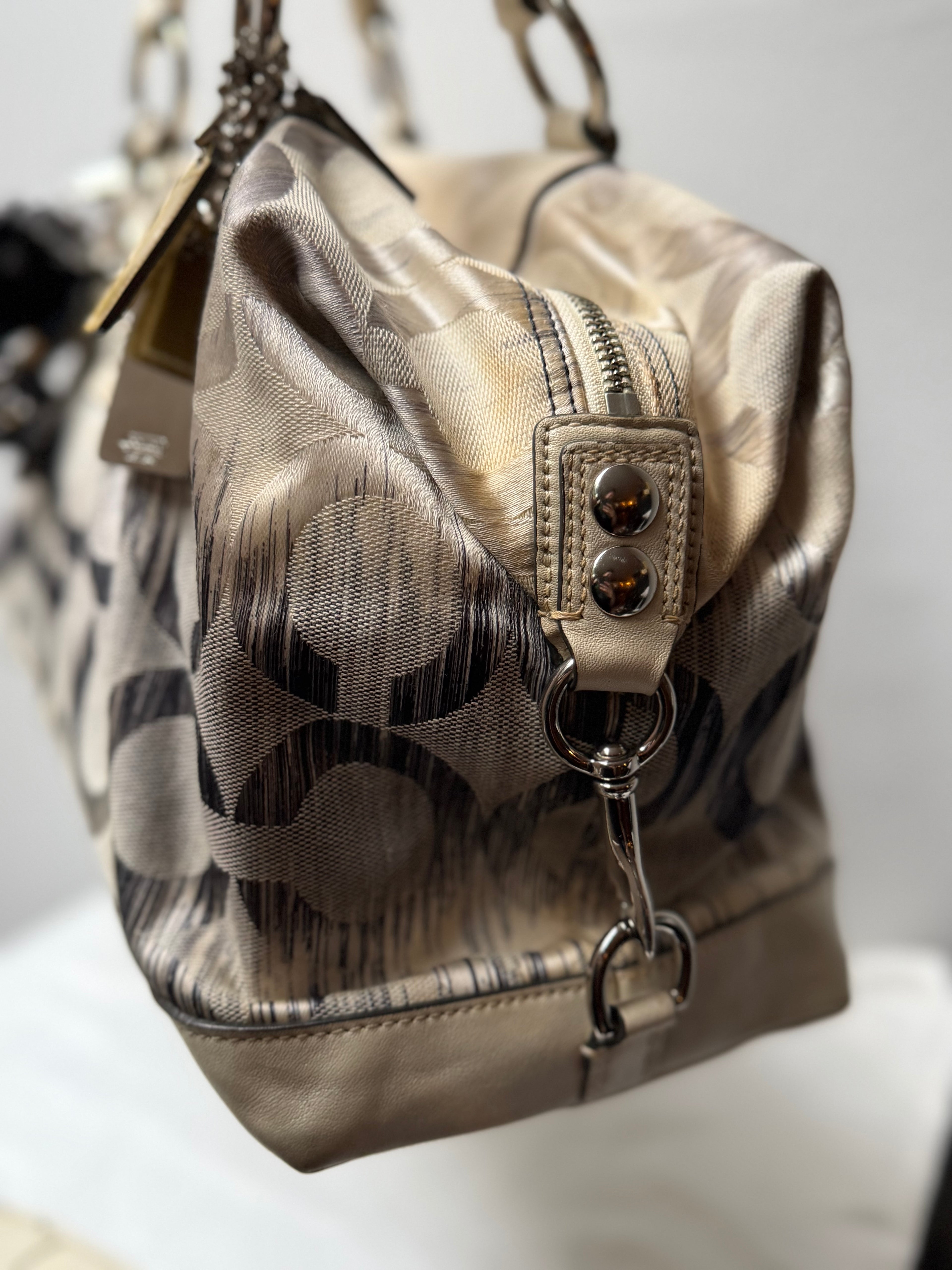 Coach Pearl Silver Blue Multi Op Art Sabrina Madison Satchel Convertible Handbag 13585 + Wristlet