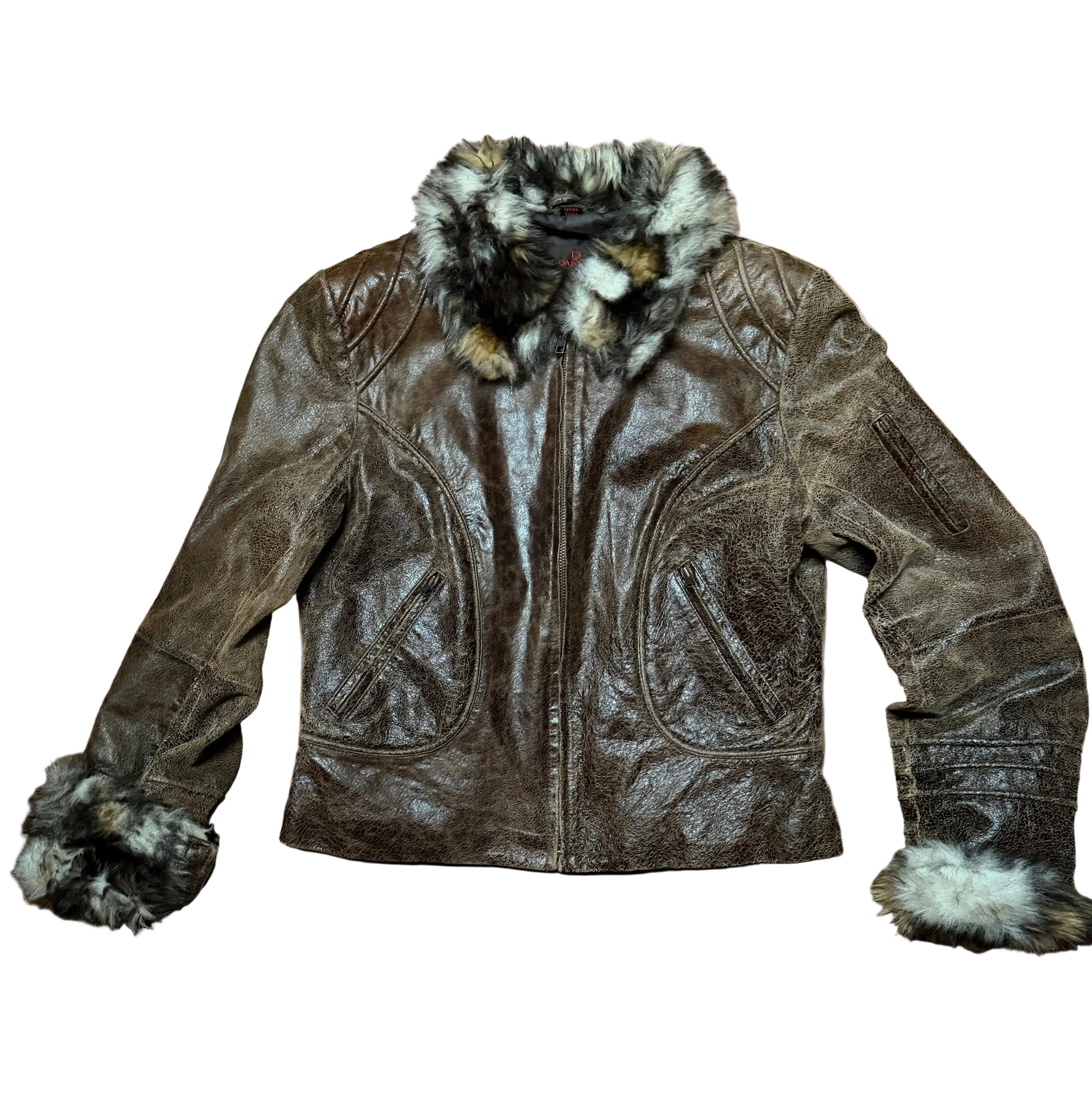 SZ LG Danier Distressed Crackled Leather Jacket Penny Lane Faux Fur Collar and Trim