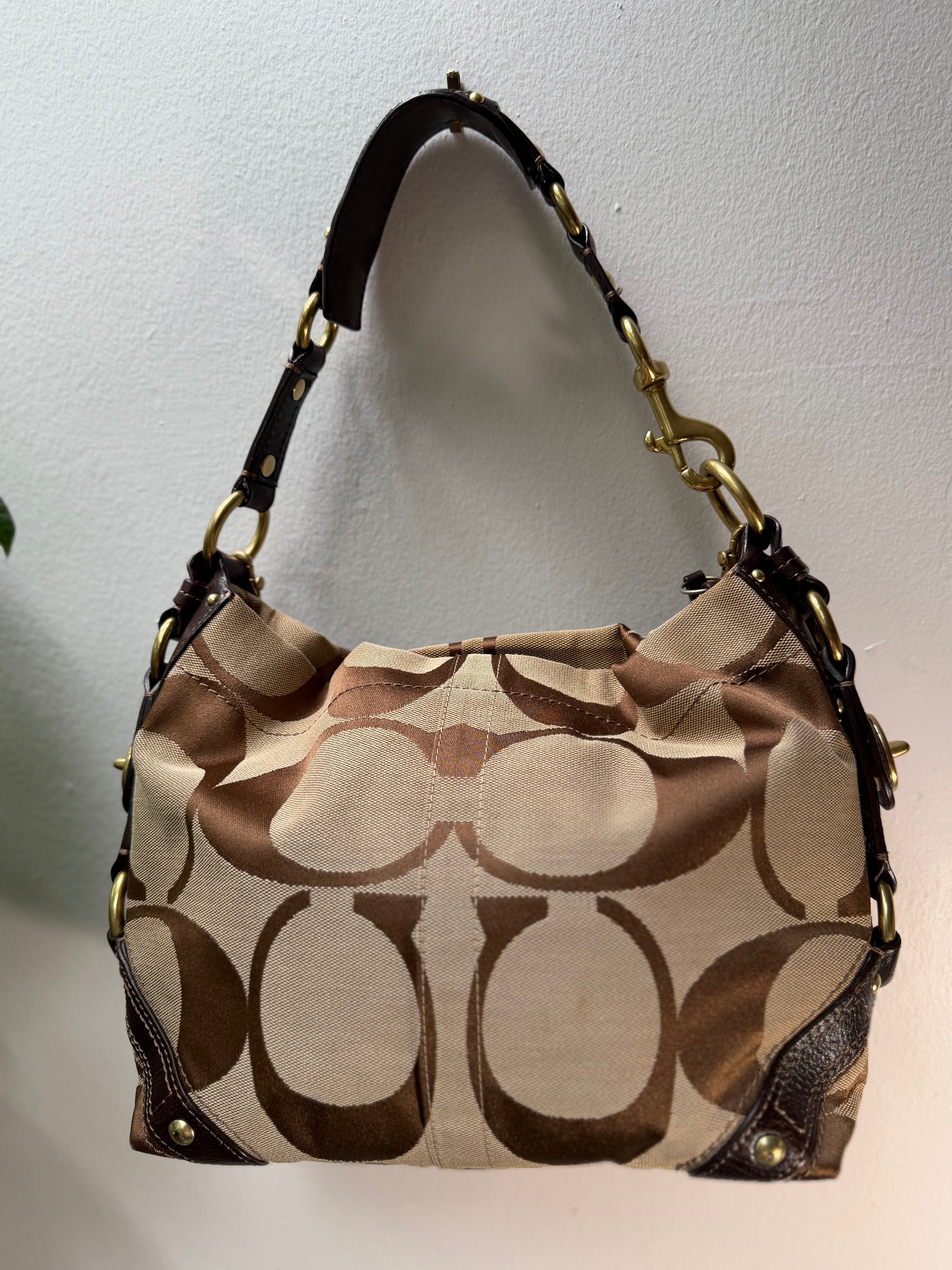 Coach Carly Brown Leather Trim Tan Canvas C #10619
