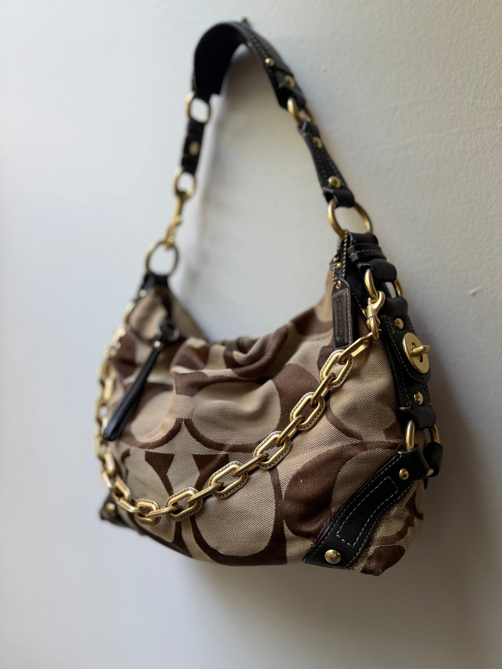 Coach Carly Brown Leather Trim Tan Canvas C #10619