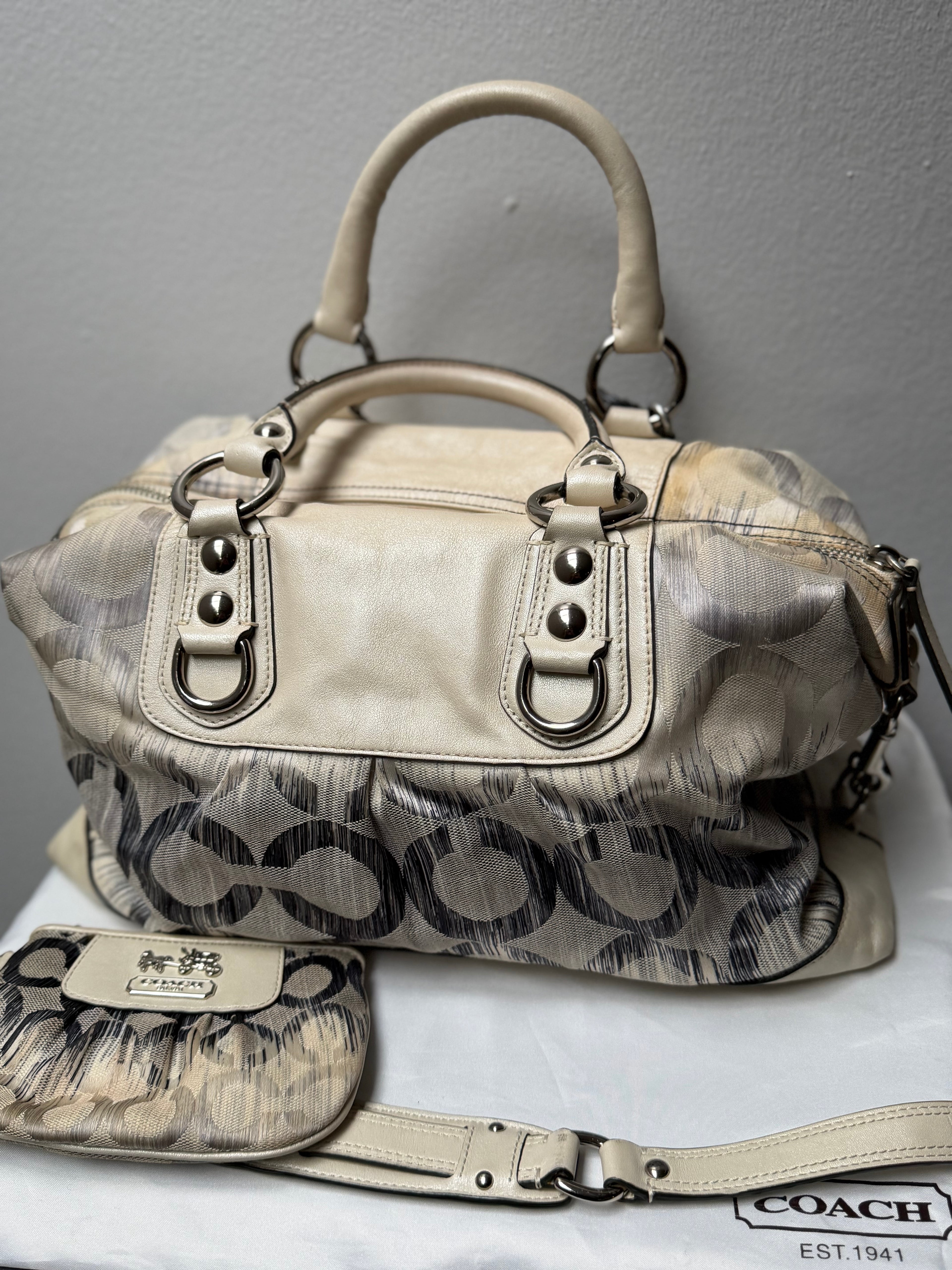 Coach Pearl Silver Blue Multi Op Art Sabrina Madison Satchel Convertible Handbag 13585 + Wristlet