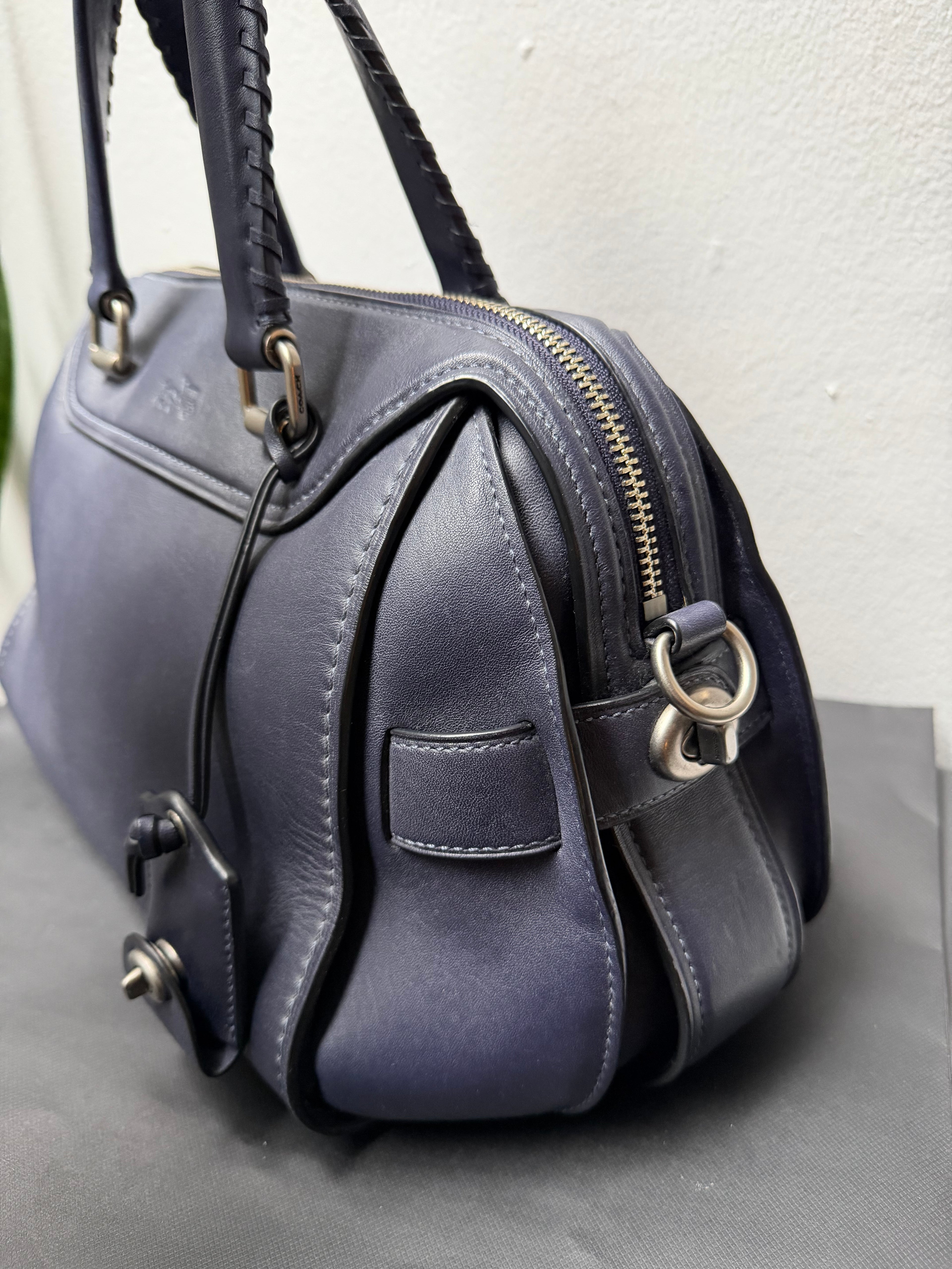 COACH Ace Navy Blue Leather Handbag Mini Boston Bag with Charm Whipstitch