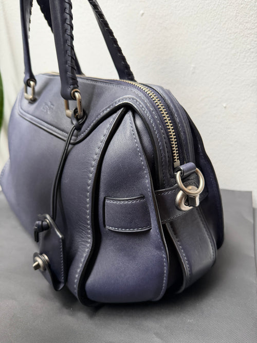 COACH Ace Navy Blue Leather Handbag Mini Boston Bag with Charm Whipstitch