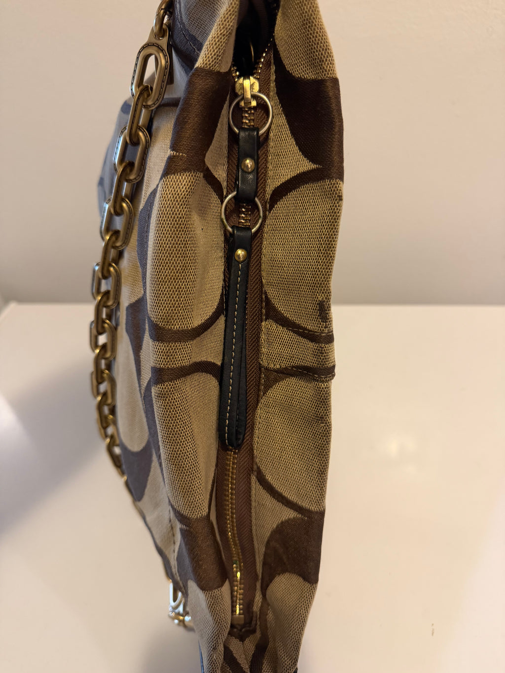 Coach Carly Brown Leather Trim Tan Canvas C #10619