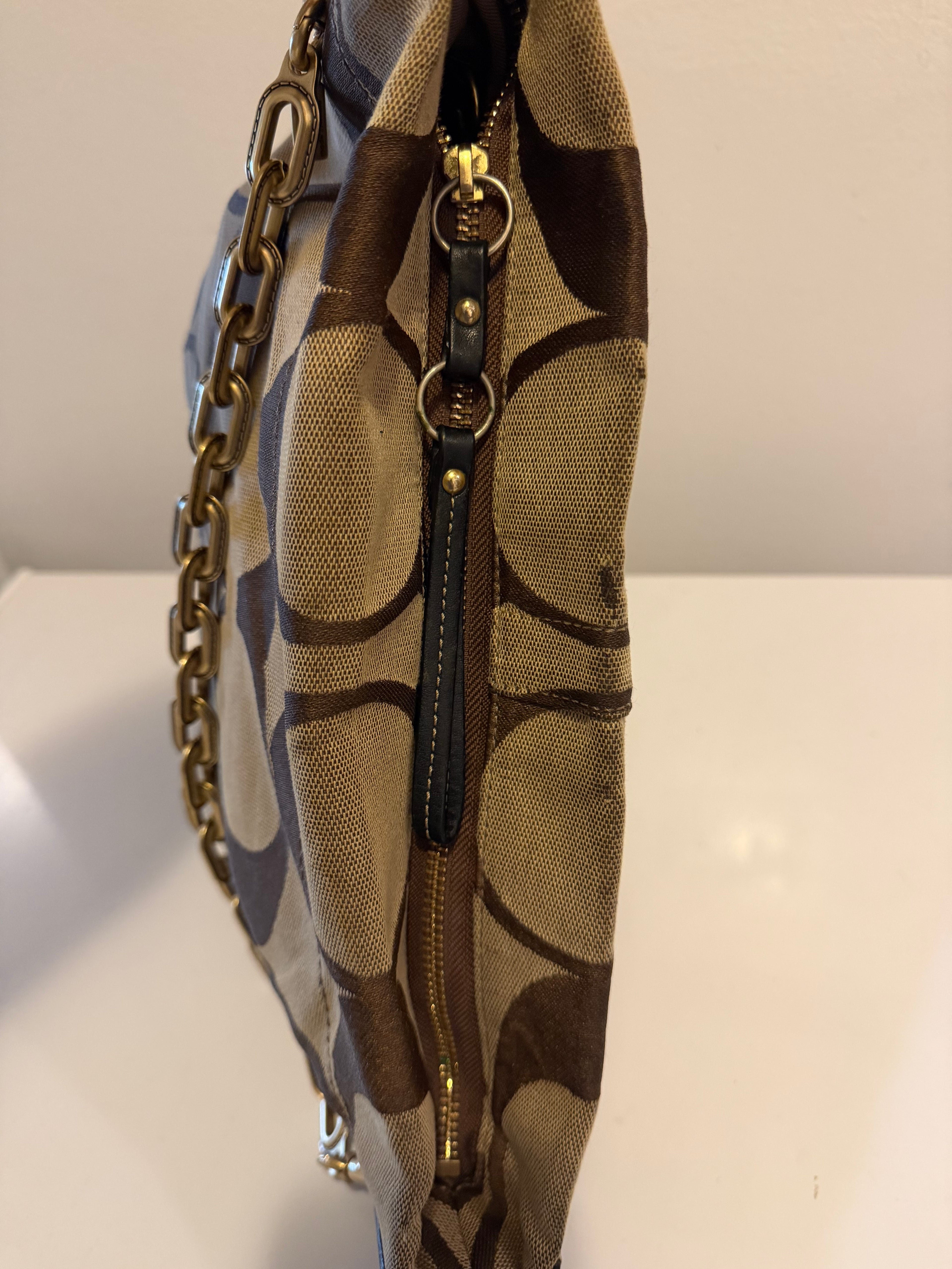 Coach Carly Brown Leather Trim Tan Canvas C #10619