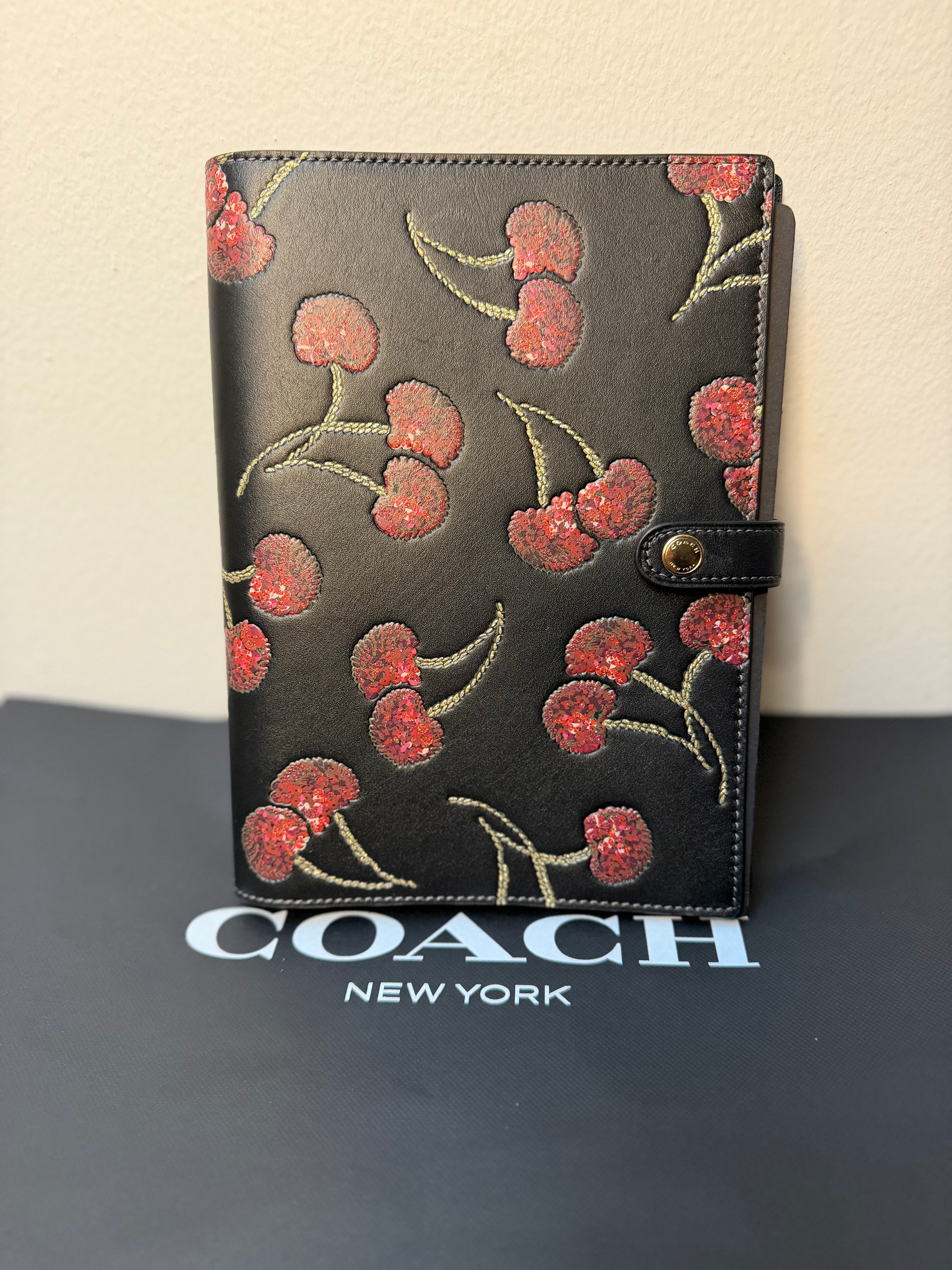 Coach Notebook With Black Cherry In Leather/Black Print