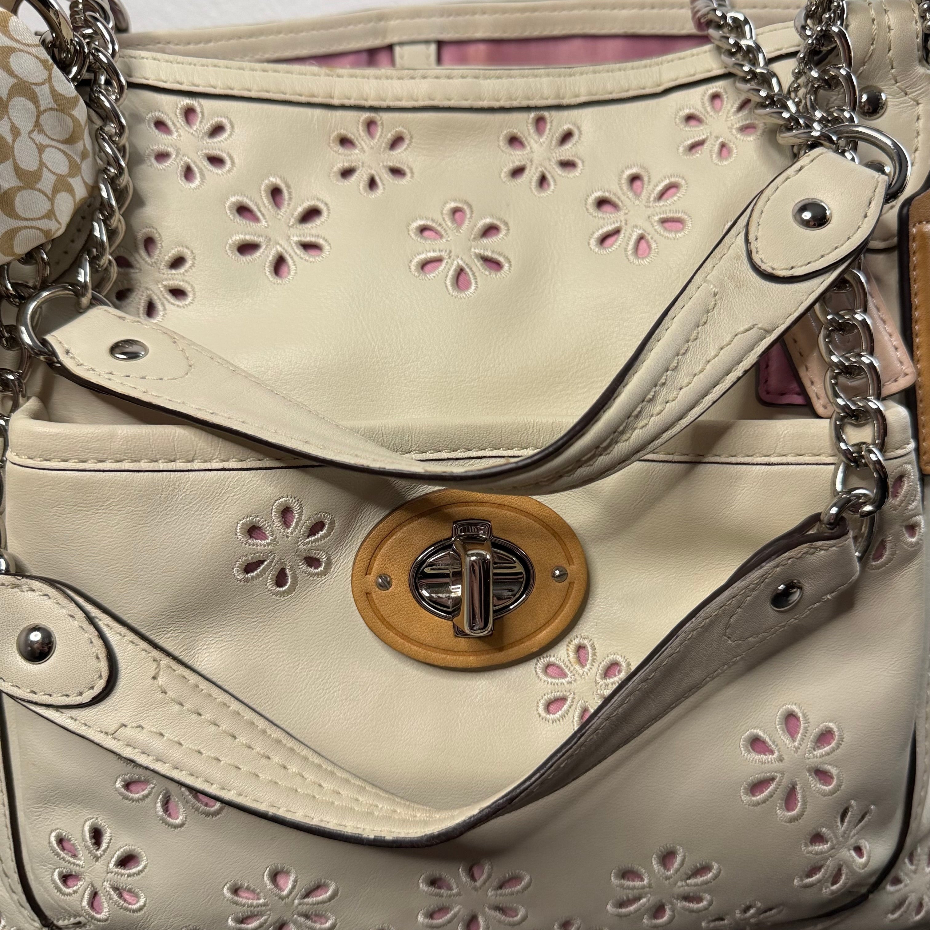 Coach Poppy Ivory Leather Eyelet Turnlock Tote  22488