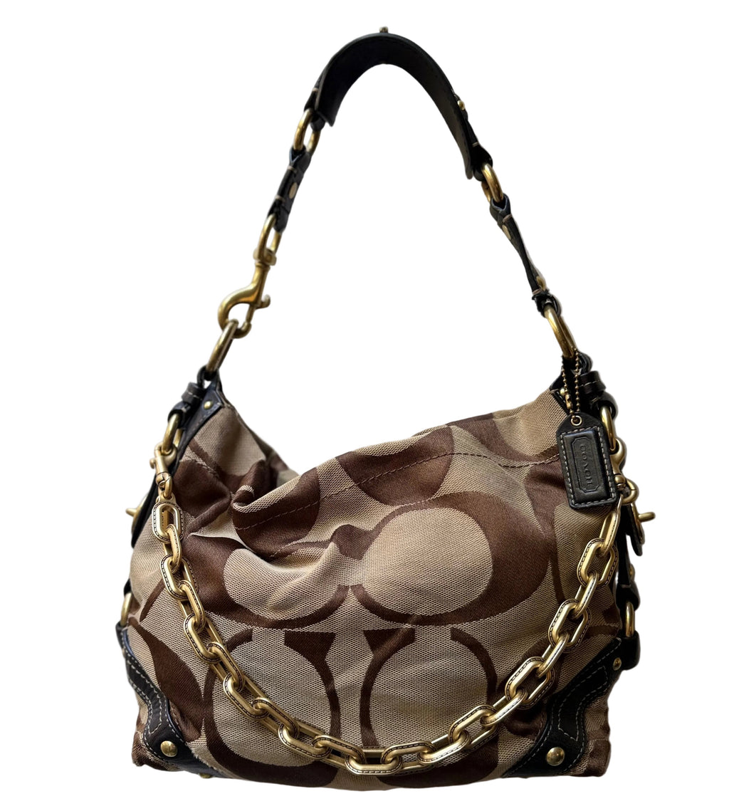 Coach Carly Brown Leather Trim Tan Canvas C #10619