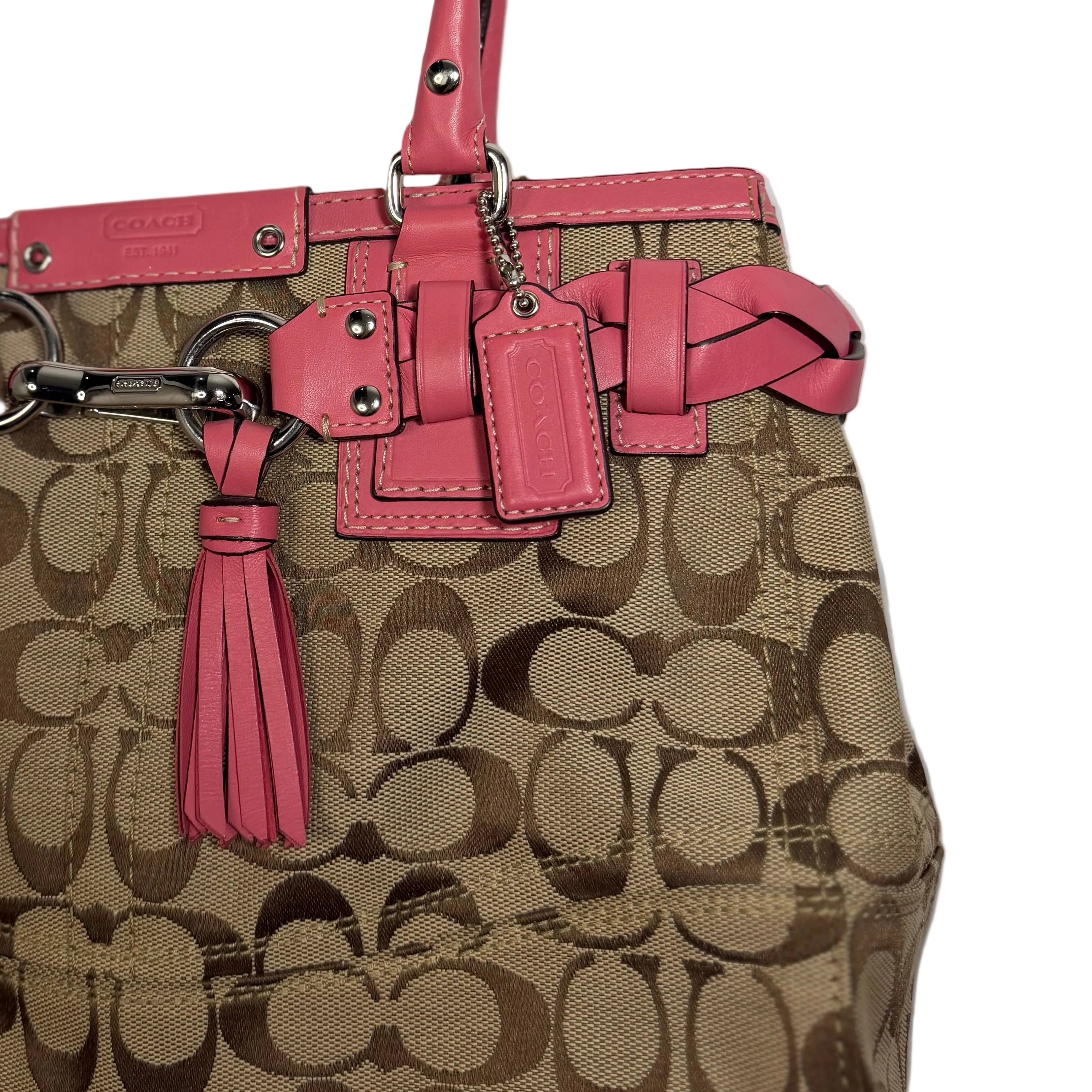 COACH Hampton C Logo Beige Canvas Braided Pink Leather Carryall Tote F13065