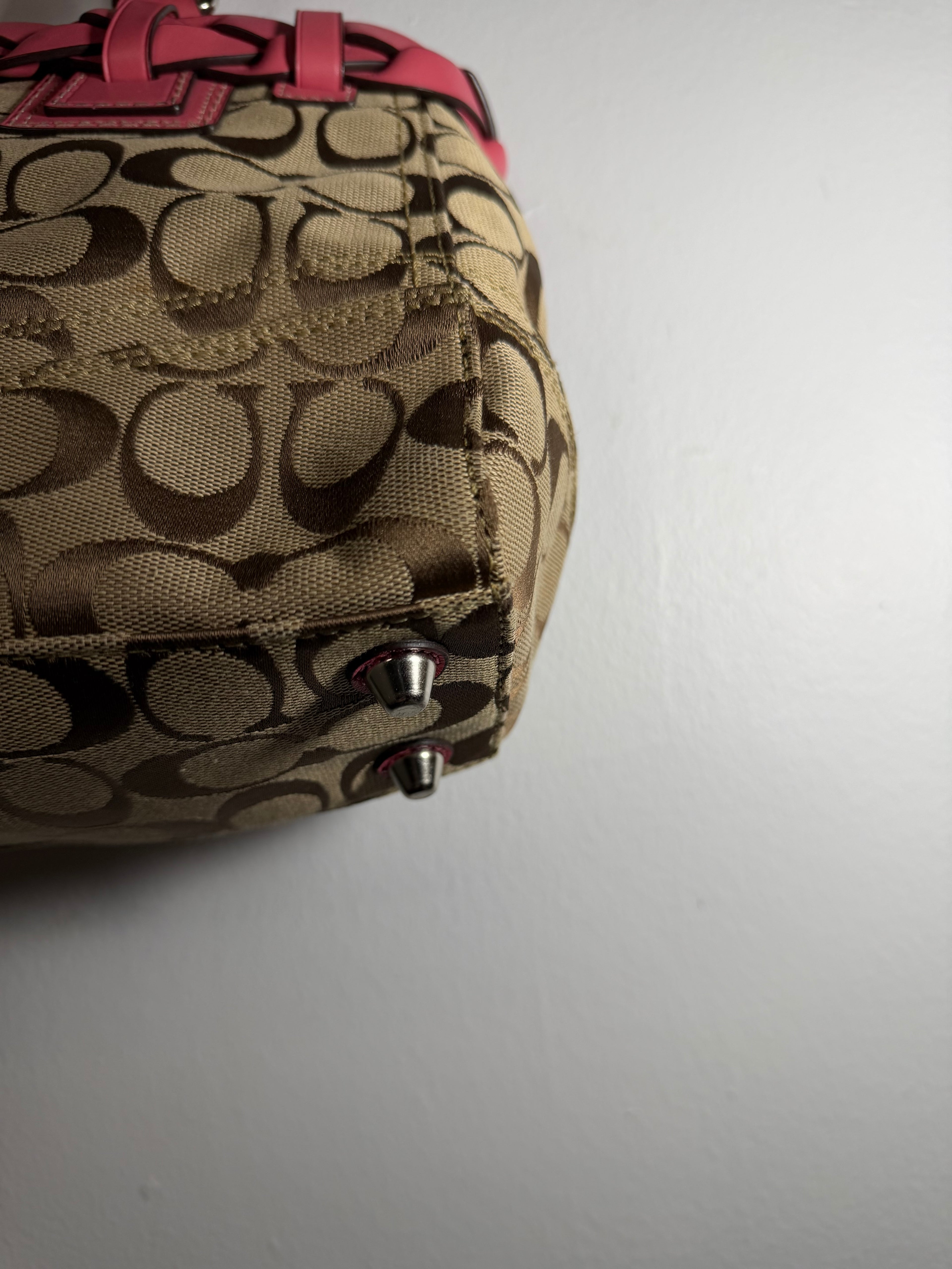 COACH Hampton C Logo Beige Canvas Braided Pink Leather Carryall Tote F13065