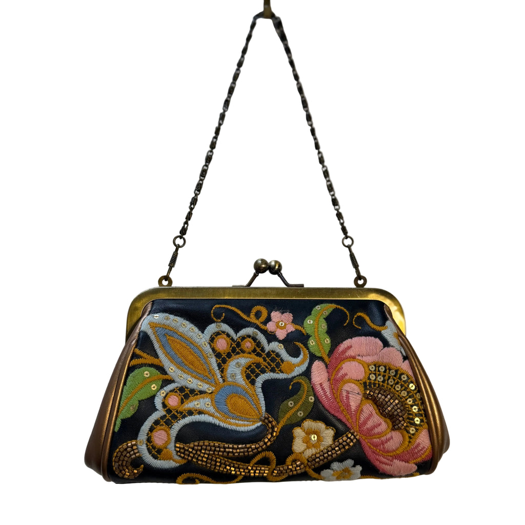 Isabella Fiore Embroidered Floral  Leather Mini Kisslock