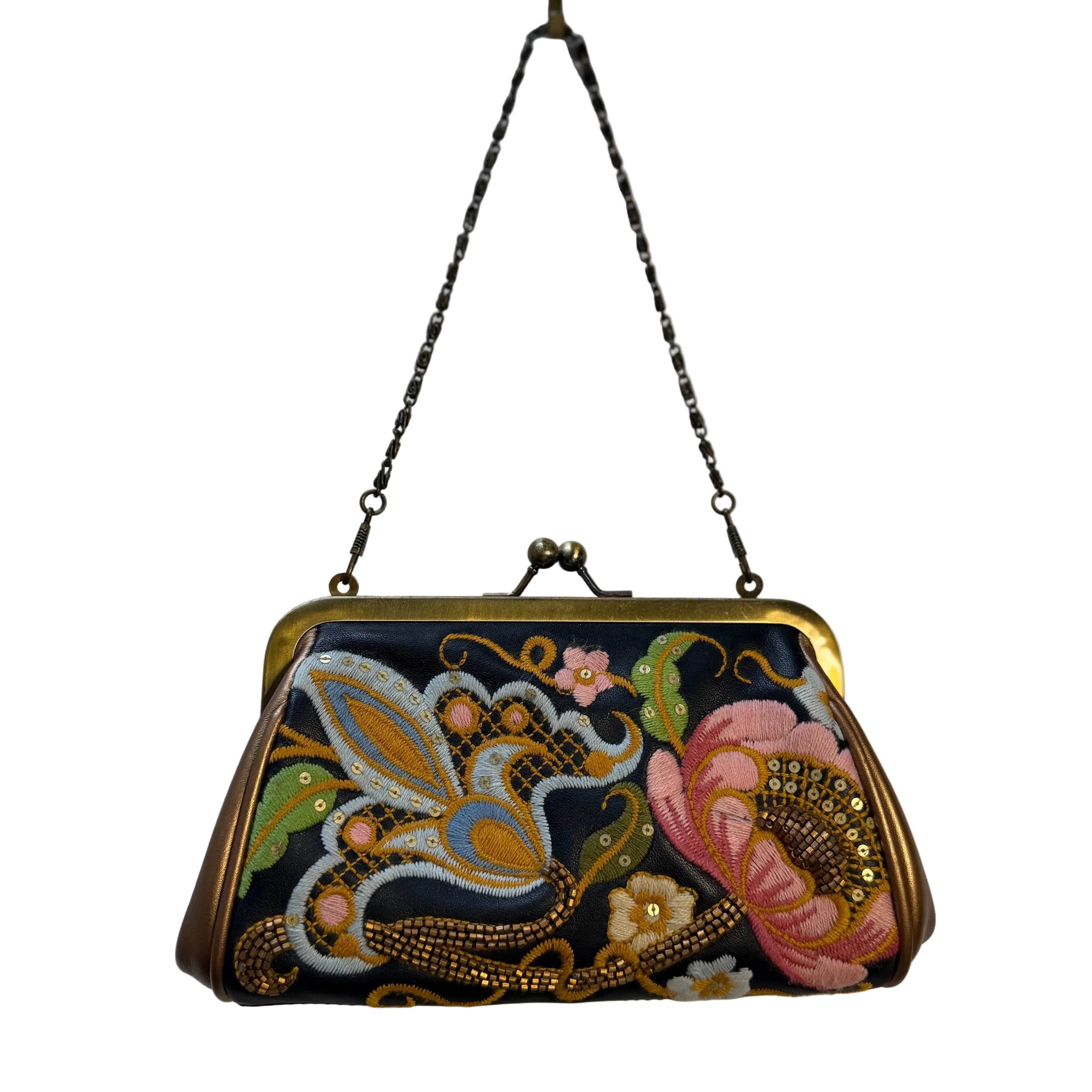 Isabella Fiore Embroidered Floral  Leather Mini Kisslock