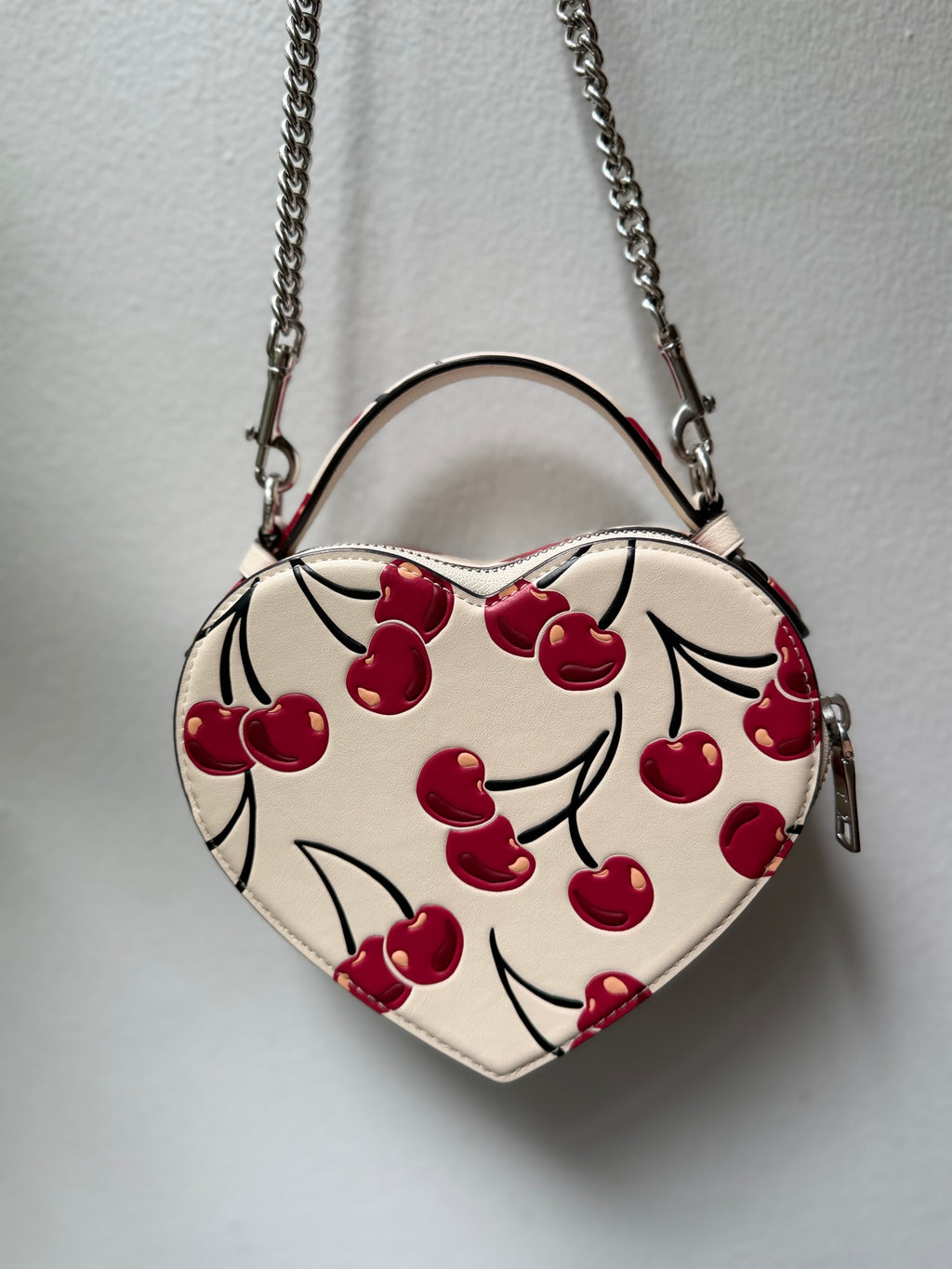Coach Heart Crossbody Bag Chalk W Cherry Print Smooth Leather