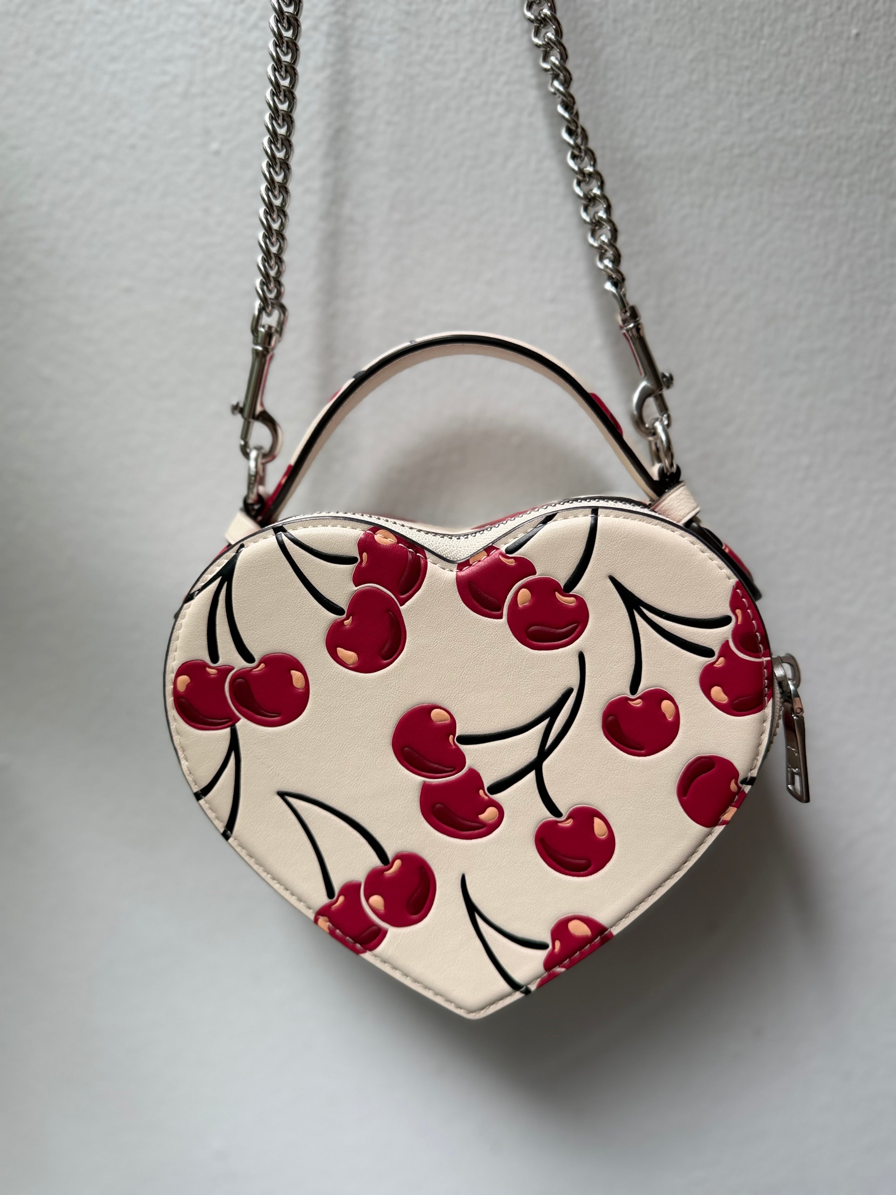 Coach Heart Crossbody Bag Chalk W Cherry Print Smooth Leather