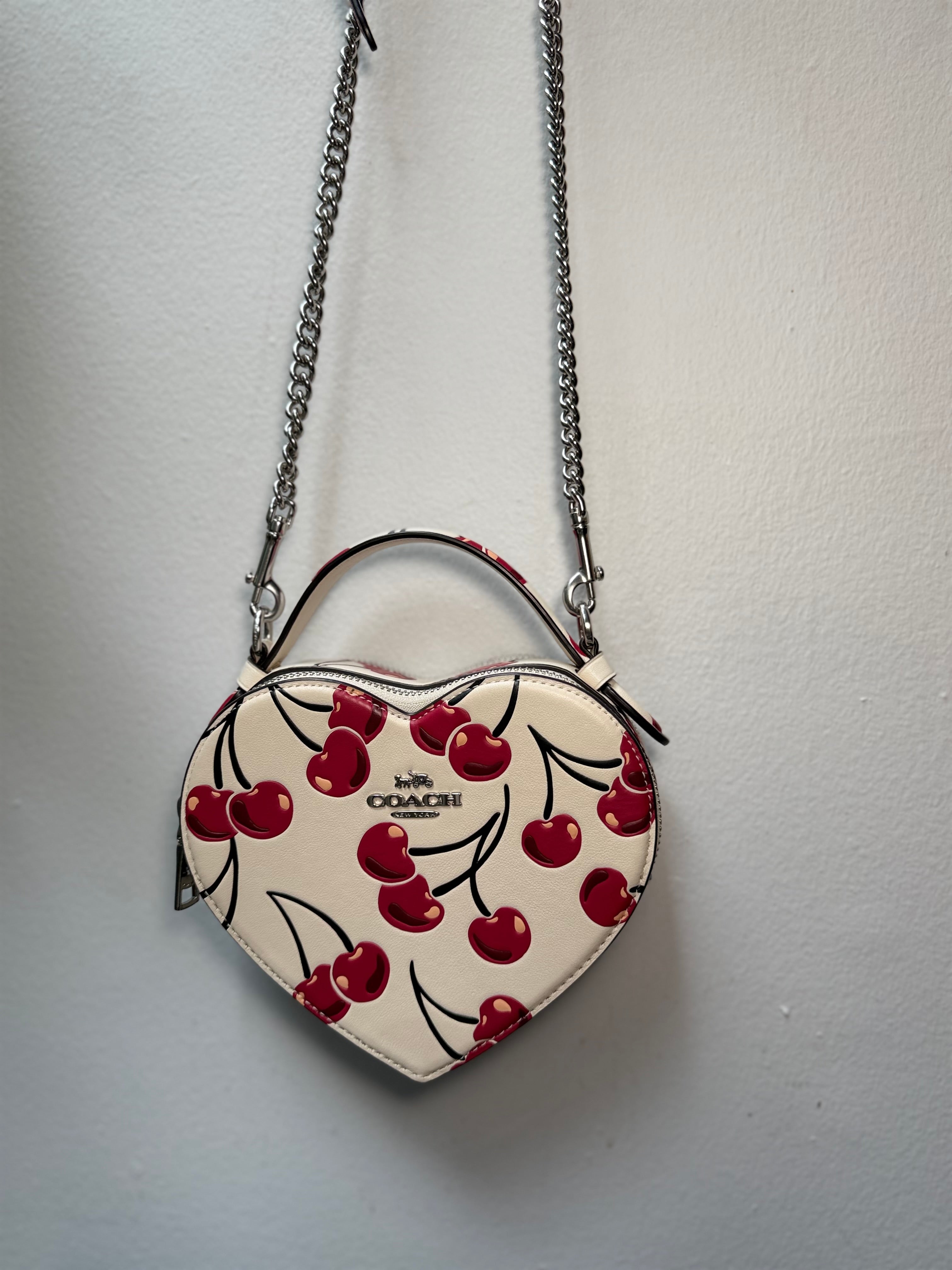 Coach Heart Crossbody Bag Chalk W Cherry Print Smooth Leather