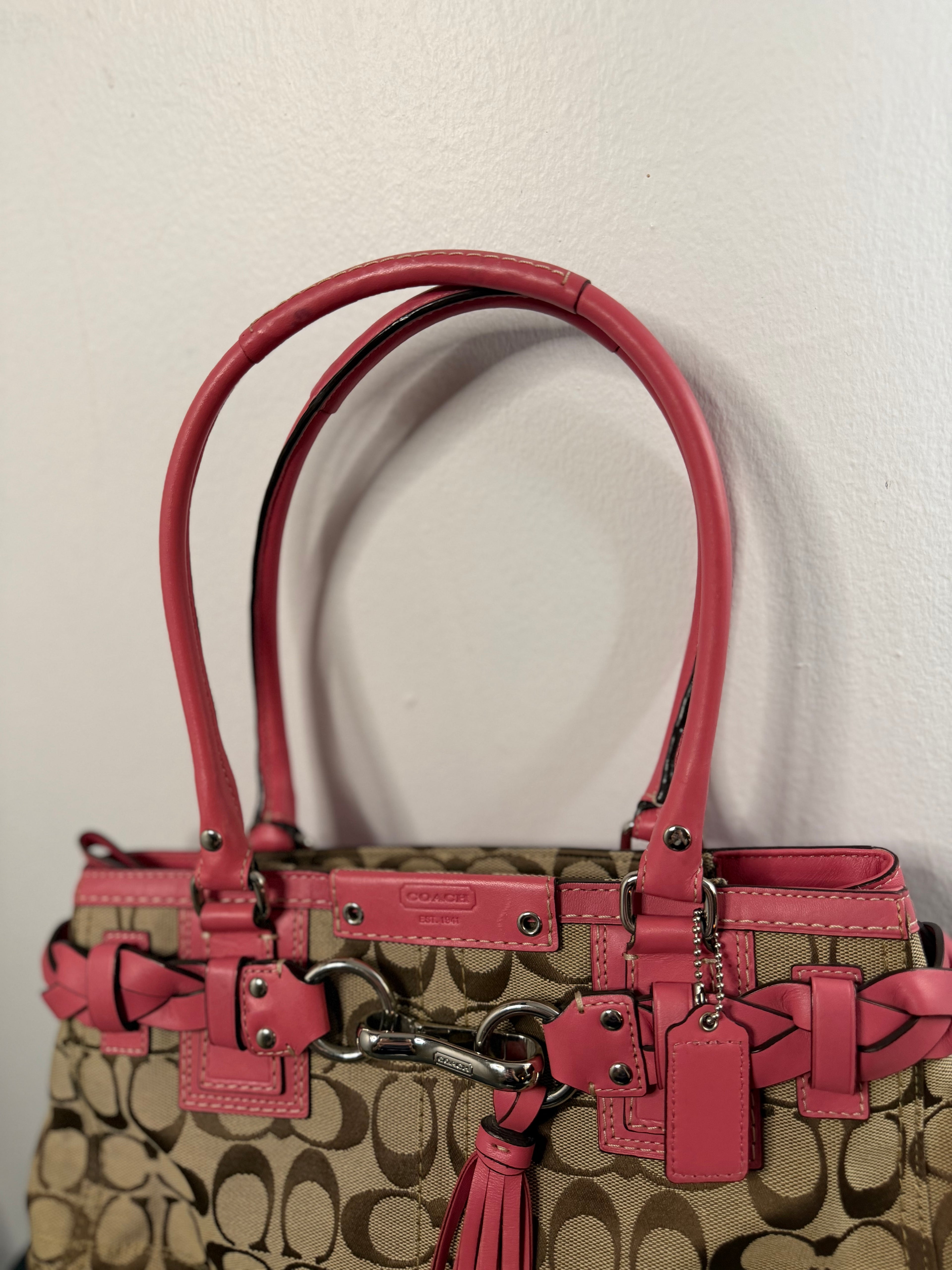 COACH Hampton C Logo Beige Canvas Braided Pink Leather Carryall Tote F13065
