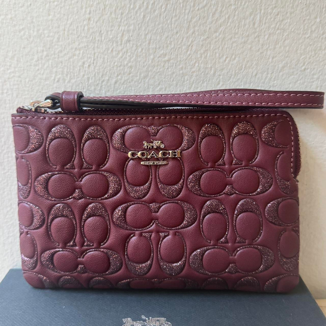New Coach Wristlet Wallet Red signature embossed Sparkle wallet in box