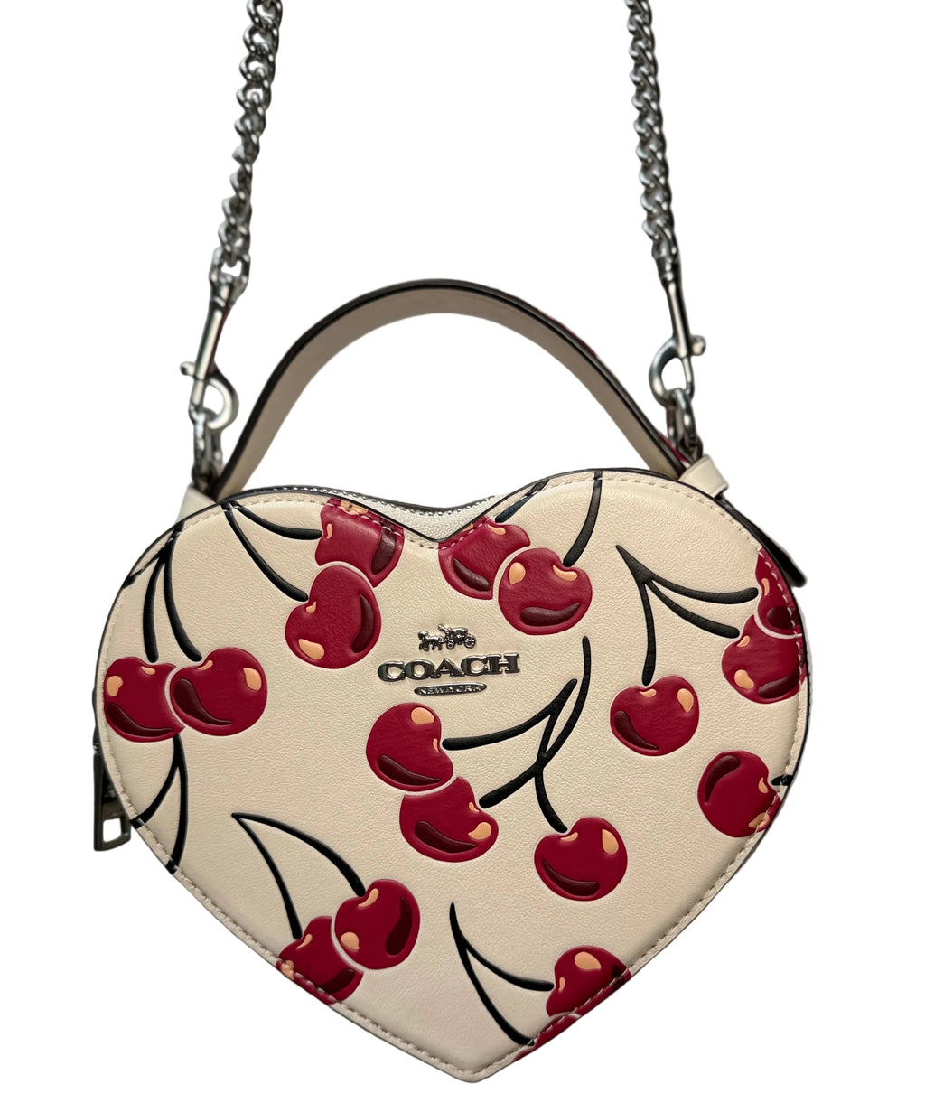Coach Heart Crossbody Bag Chalk W Cherry Print Smooth Leather