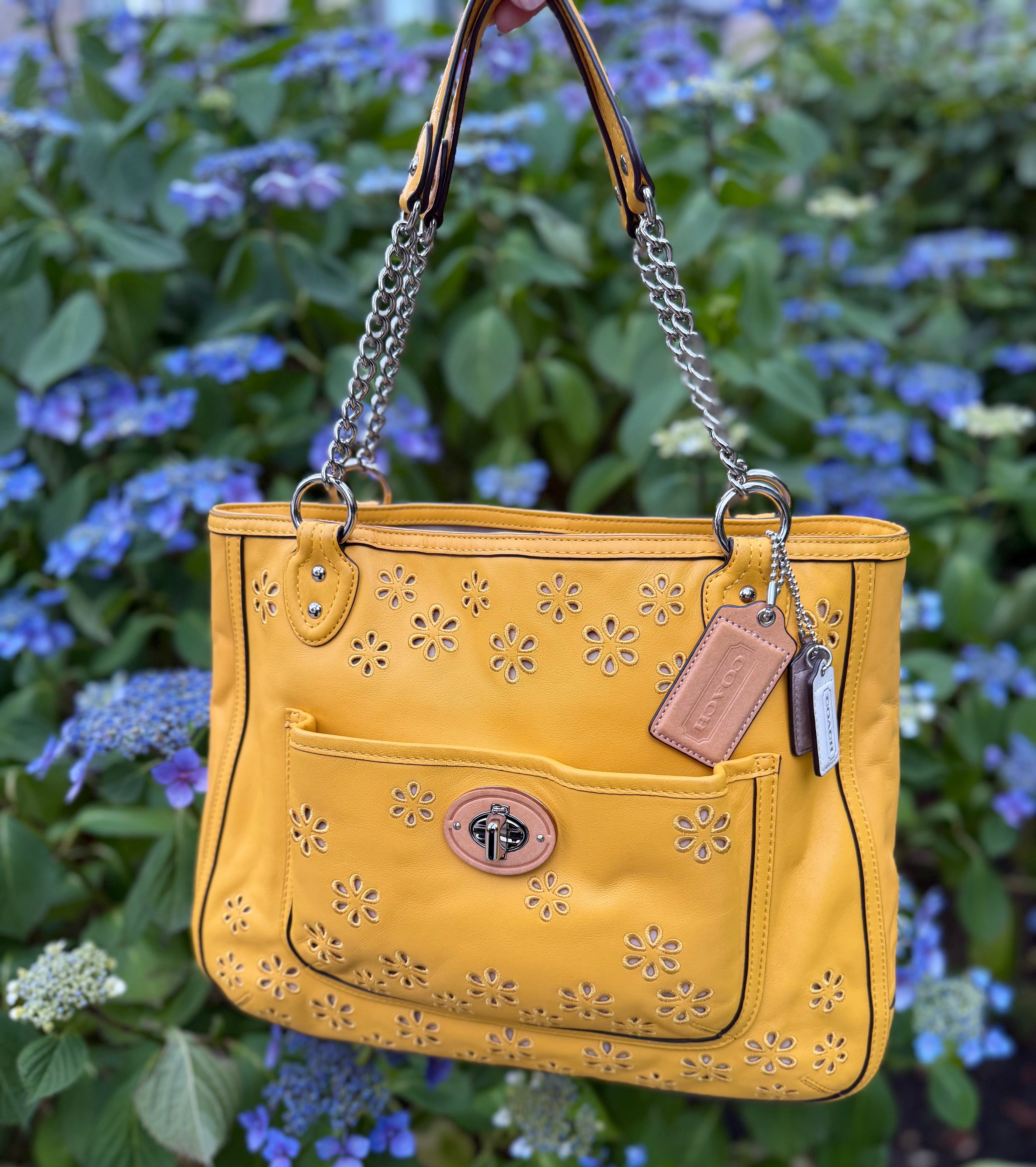 Coach Poppy Yellow Leather Eyelet Turnlock Tote  22488