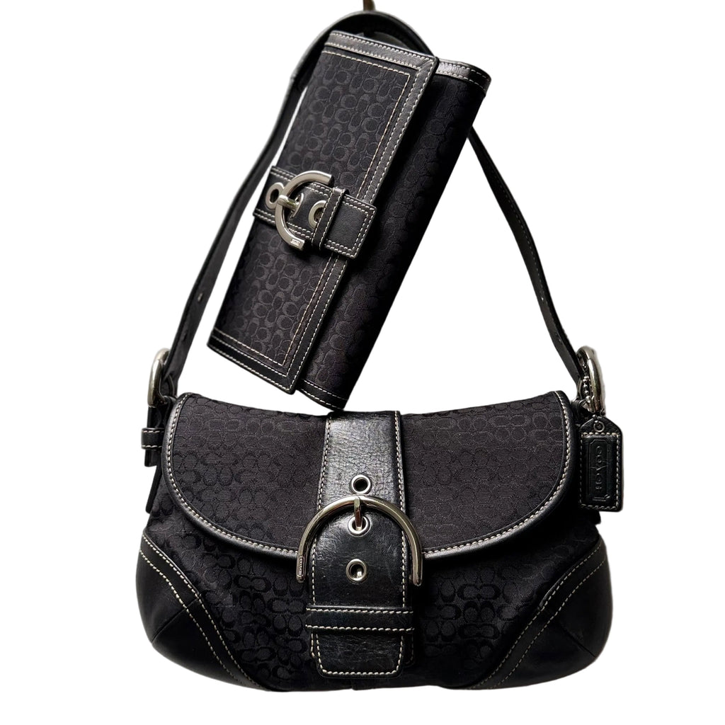 Coach Soho Demi Shoulder Bag Black Signature C Jacquard  Leather 6818 & Wallet