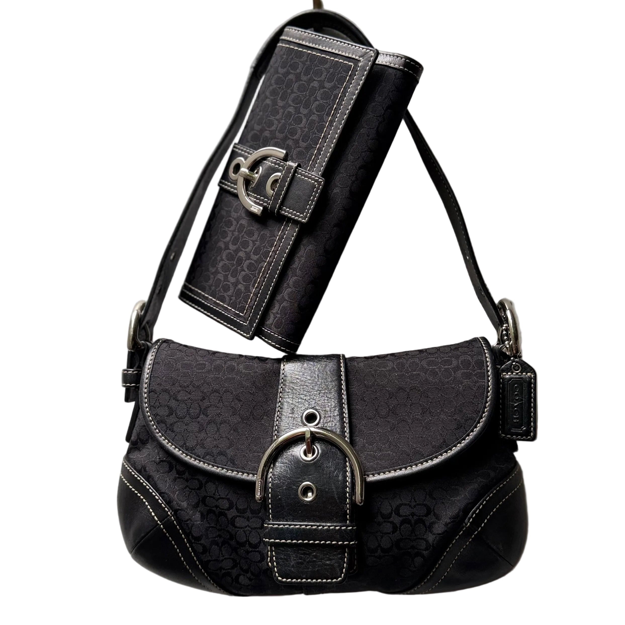 Coach Soho Demi Shoulder Bag Black Signature C Jacquard  Leather 6818 & Wallet
