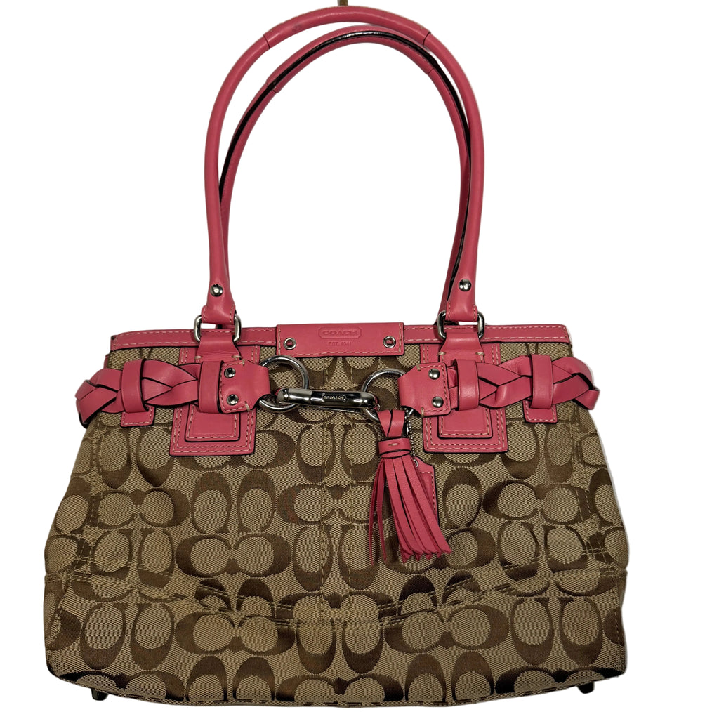 COACH Hampton C Logo Beige Canvas Braided Pink Leather Carryall Tote F13065