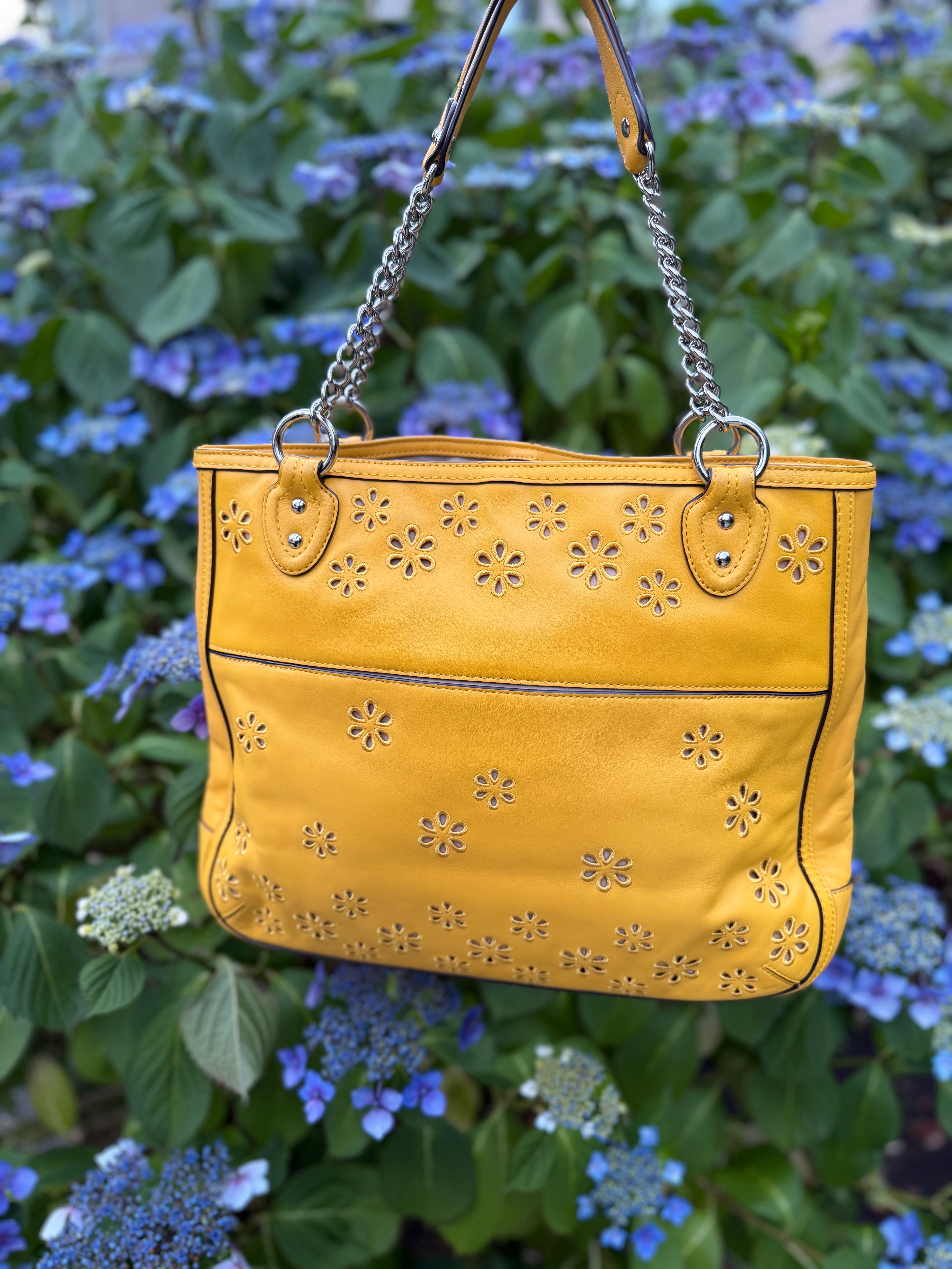 Coach Poppy Yellow Leather Eyelet Turnlock Tote  22488
