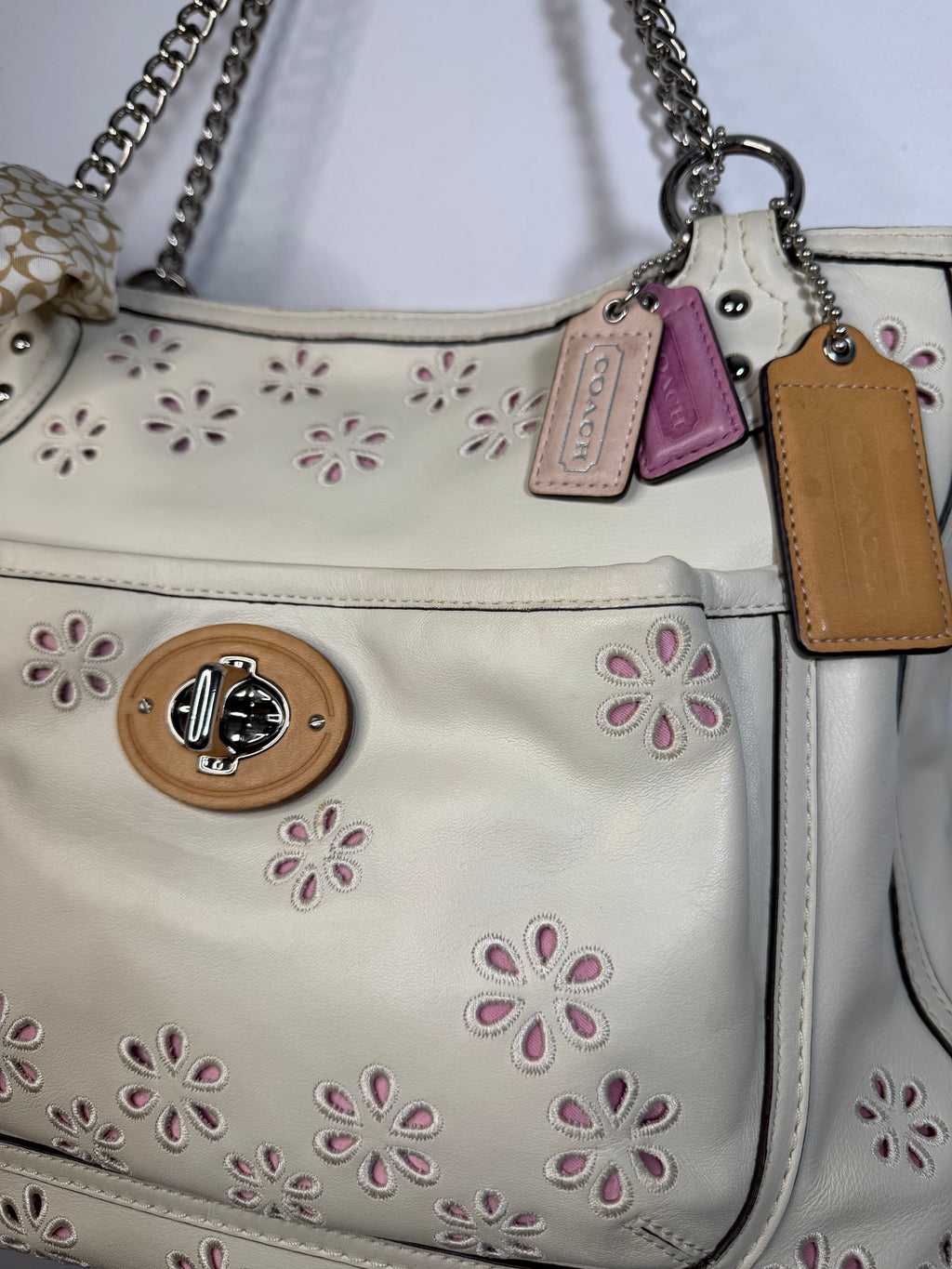 Coach Poppy Ivory Leather Eyelet Turnlock Tote  22488