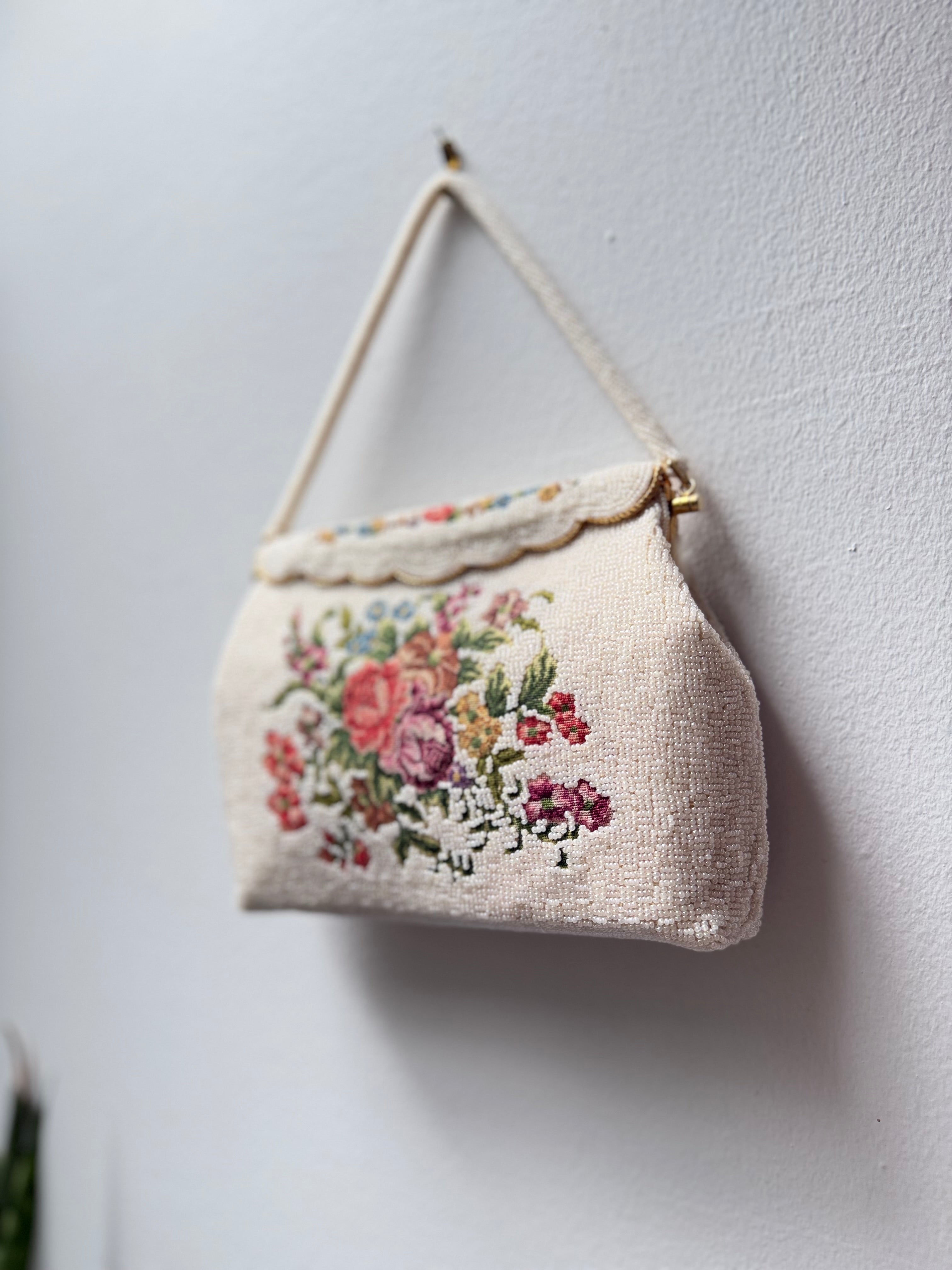 1950’s French Needlepoint Floral Hand Beaded Handbag
