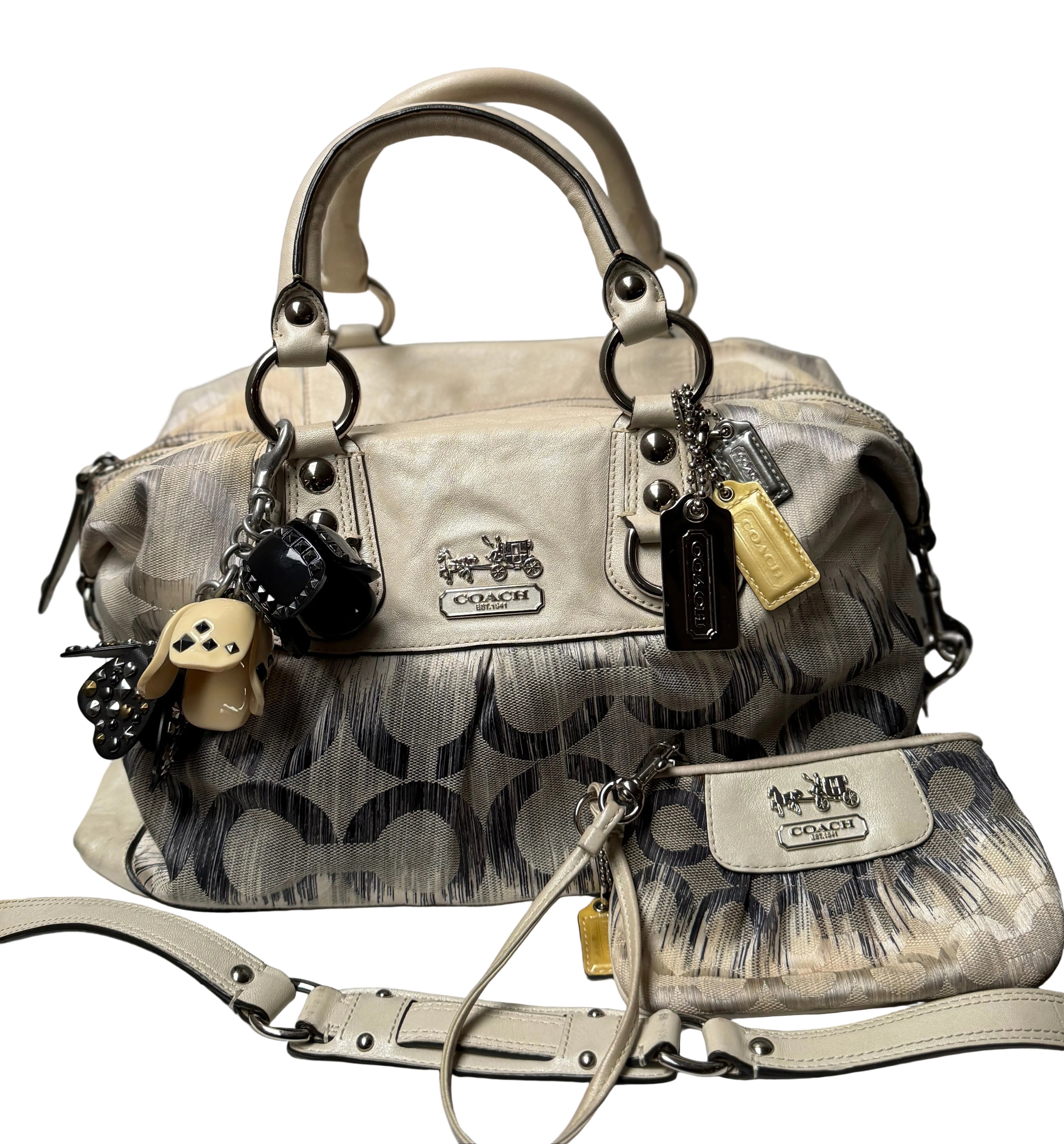 Coach Pearl Silver Blue Multi Op Art Sabrina Madison Satchel Convertible Handbag 13585 + Wristlet