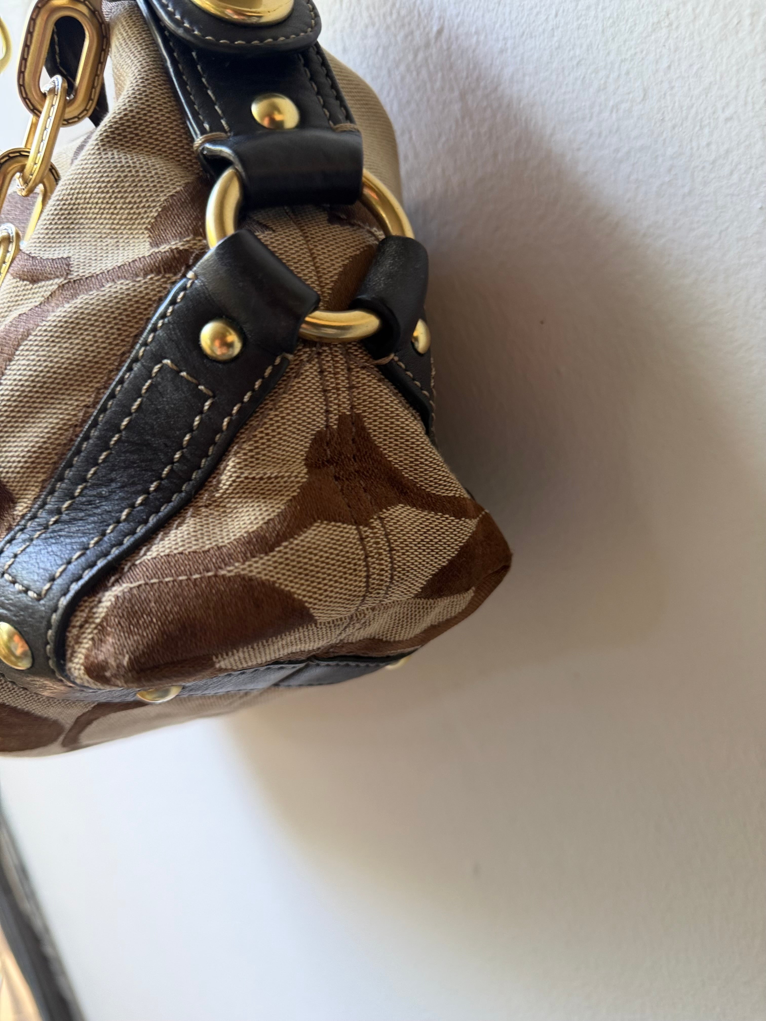Coach Carly Brown Leather Trim Tan Canvas C #10619